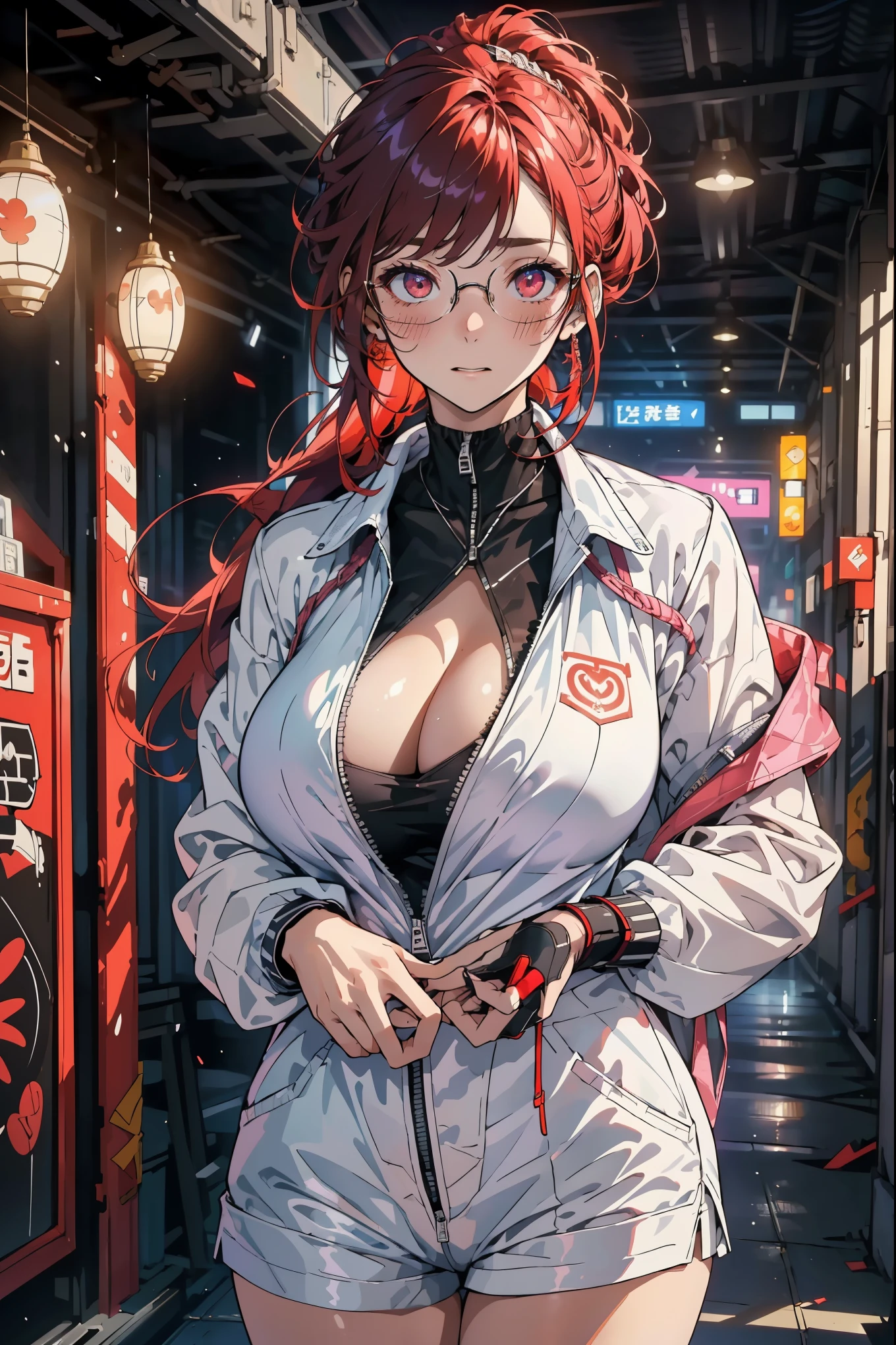 (((完美number,number,solitary, White and tender skin,(((Cyberpunk,Purple Jacket,robe,Umbilical cord,Closed-toe shoes,Black shorts,zipper))),(((Kurinuma,Red hair,long hair,Glasses,Red Eyes,))),((masterpiece)),high resolution, ((Best quality at best)),masterpiece,quality,Best quality,((( Exquisite facial features,looking at the audience,There is light in the eyes,(((Ha ha,Happy,blush))),))),(((light and shadow,Huge breasts))),(((Looking at the camera,black background,))))(Huge breasts:1.2),Moist skin