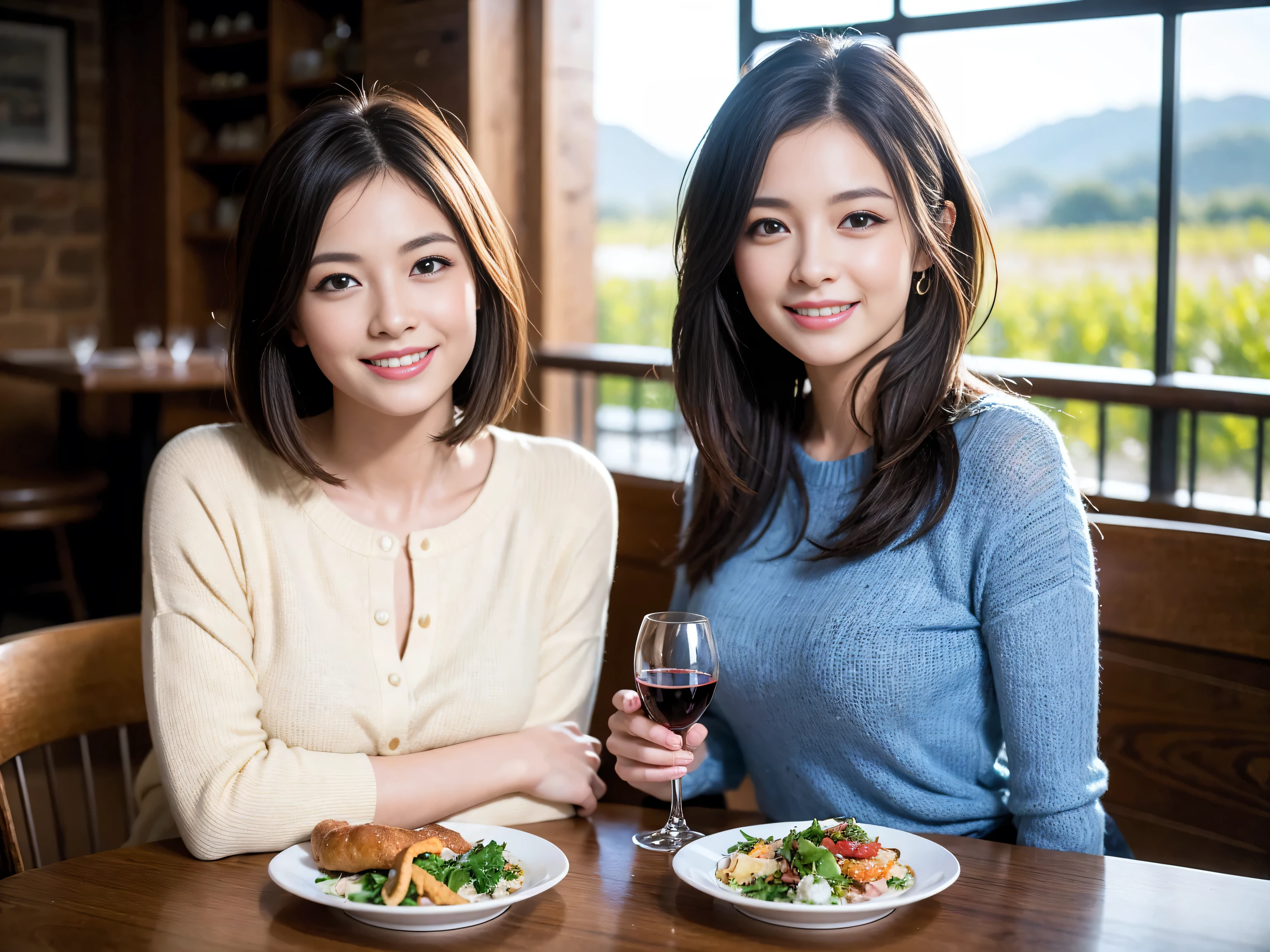 ((highest quality、8k、masterpiece:1.3))、1 male、1 woman who resembles Satomi Ishihara、Couple、Spouse、Couple、The body is slim、((Bob Hale、Straight hair:1.2)), (Realistic, Intricate details:1.2), Wine glass on the table、Put the light on your face、 Amazing view of the sunset sky and clouds、Amazing mountain views、A bright smile、The wonderfulness of smile、Bright image、The beauty of wine, Beautiful Face, blue eyes, The light shines on your face, Blushing, short hair,Bright Face、 (Age 37), 39 years old, red wine 、Appetizers、Italian food、Wine bottle、Champagne、sparkling wine、Two beauties、Brown Hair、Shortcuts、Long sleeve shirt、dress、Pretty Woman 1, (Slim face), (The body is slim), (Brown Hair), (Shortcuts), cheeks turn a little red,Attractive beauty、restaurant, In a prominent place (From the waist up) Nova Frog Style, actress, model, Upper Body, White wine, slim, wine glass, A wine glass placed in the center, smile, (smile: 1.15), Beautiful fine grain, Depth f/2,saturation, High Contrast, Strong light and shadow,Moist Body:1.5、3D texture、Delicate eyes、Brown Hair、The hair is very shiny、