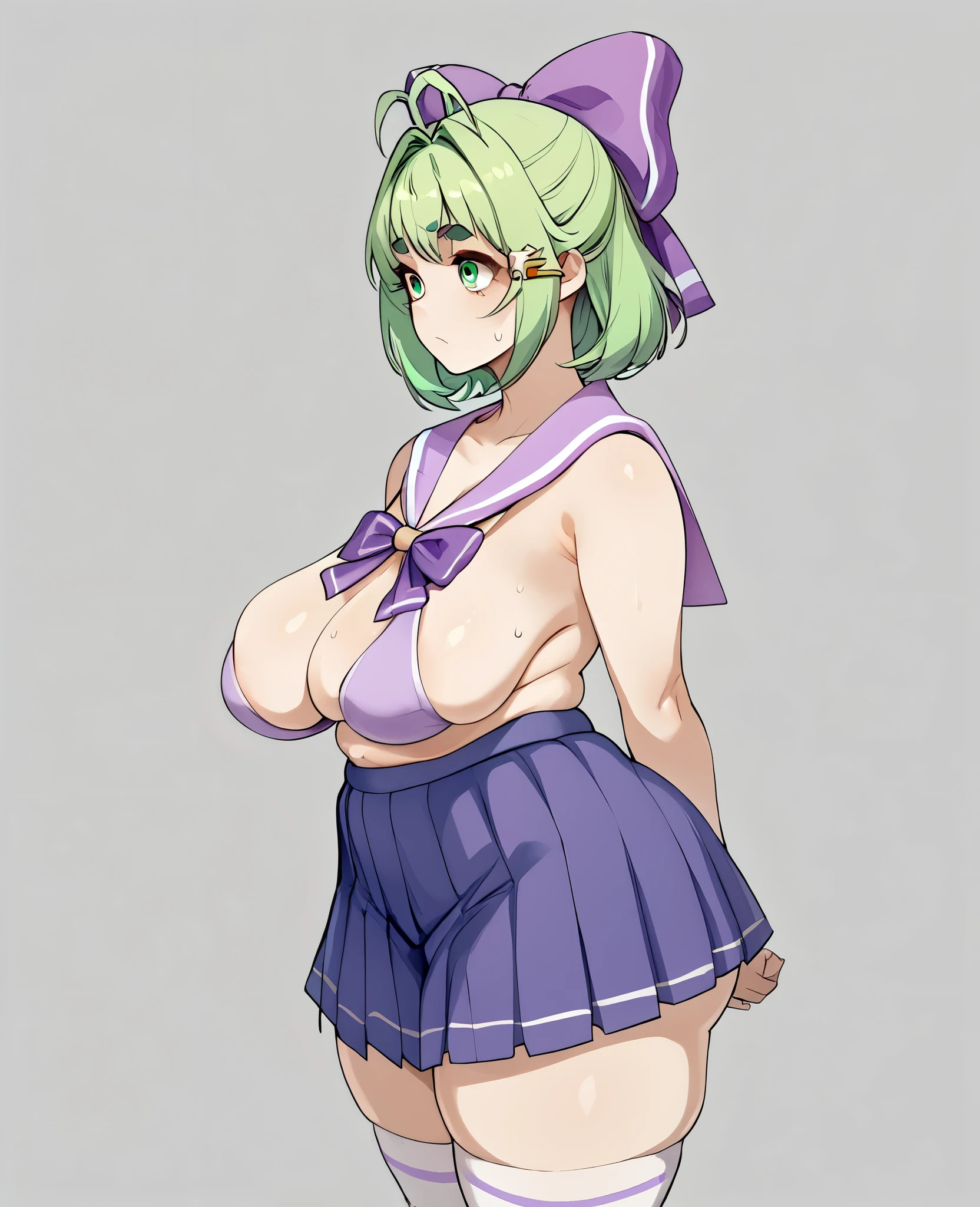 woman，Sagging breasts，Wide hips，Big Ass，Thick thighs，Protruding belly，（Post-apocalyptic era），front，Cleavage，Sweating，posture，Green short hair，Green Eyes，Purple bow，Hairpin，Purple and sailor collar，Striped sailor suit，Blue pleated skirt，White socks，Small leather shoes，Antenna Hair，Doudou Eyebrows，Hair rope，Standing，Bangs，HappyGreen Hair Bow Girl