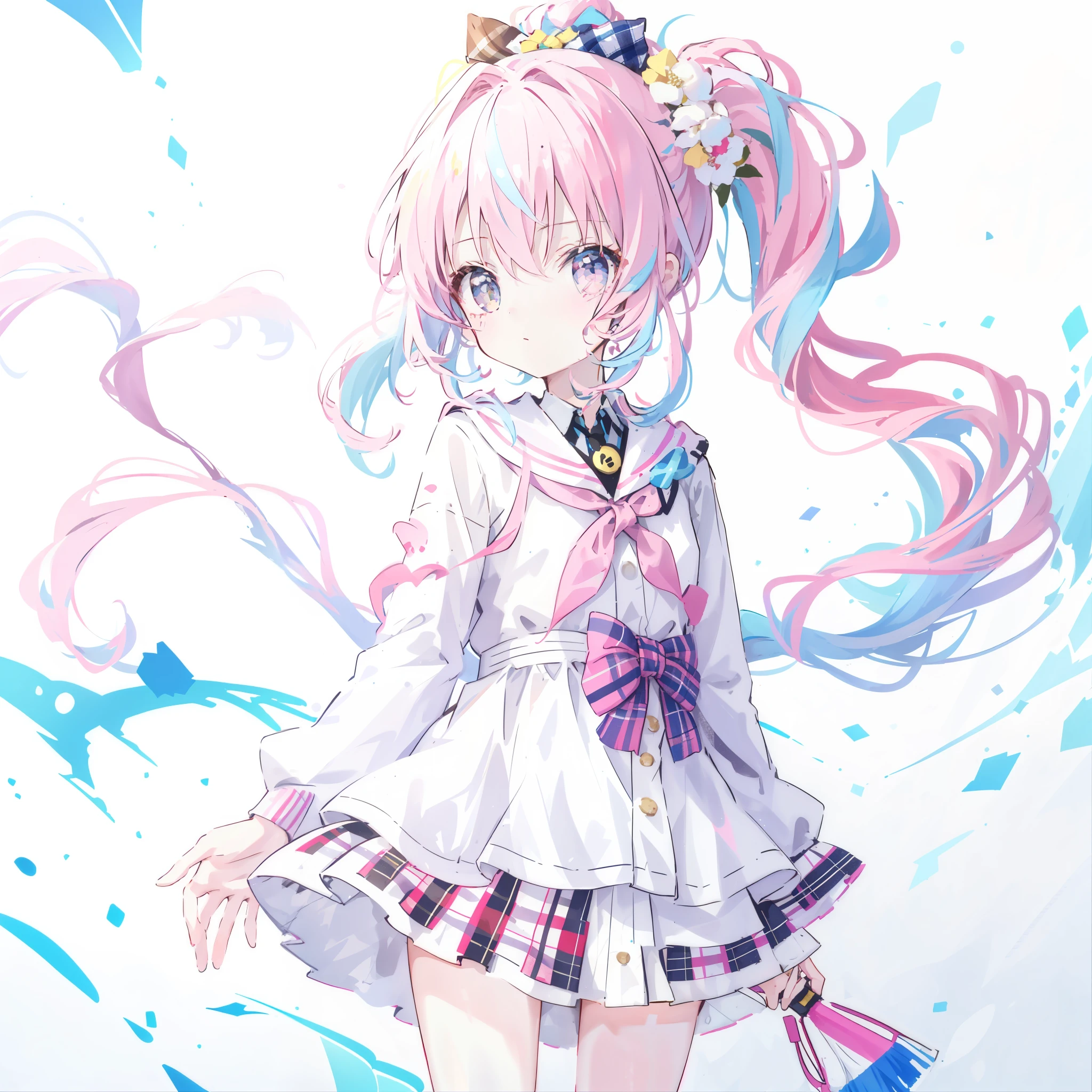 One girl, oasis, Brush Sticker, Double Ponytail, Triple White, Tartan,Pastel pink gradient hair,, White Background