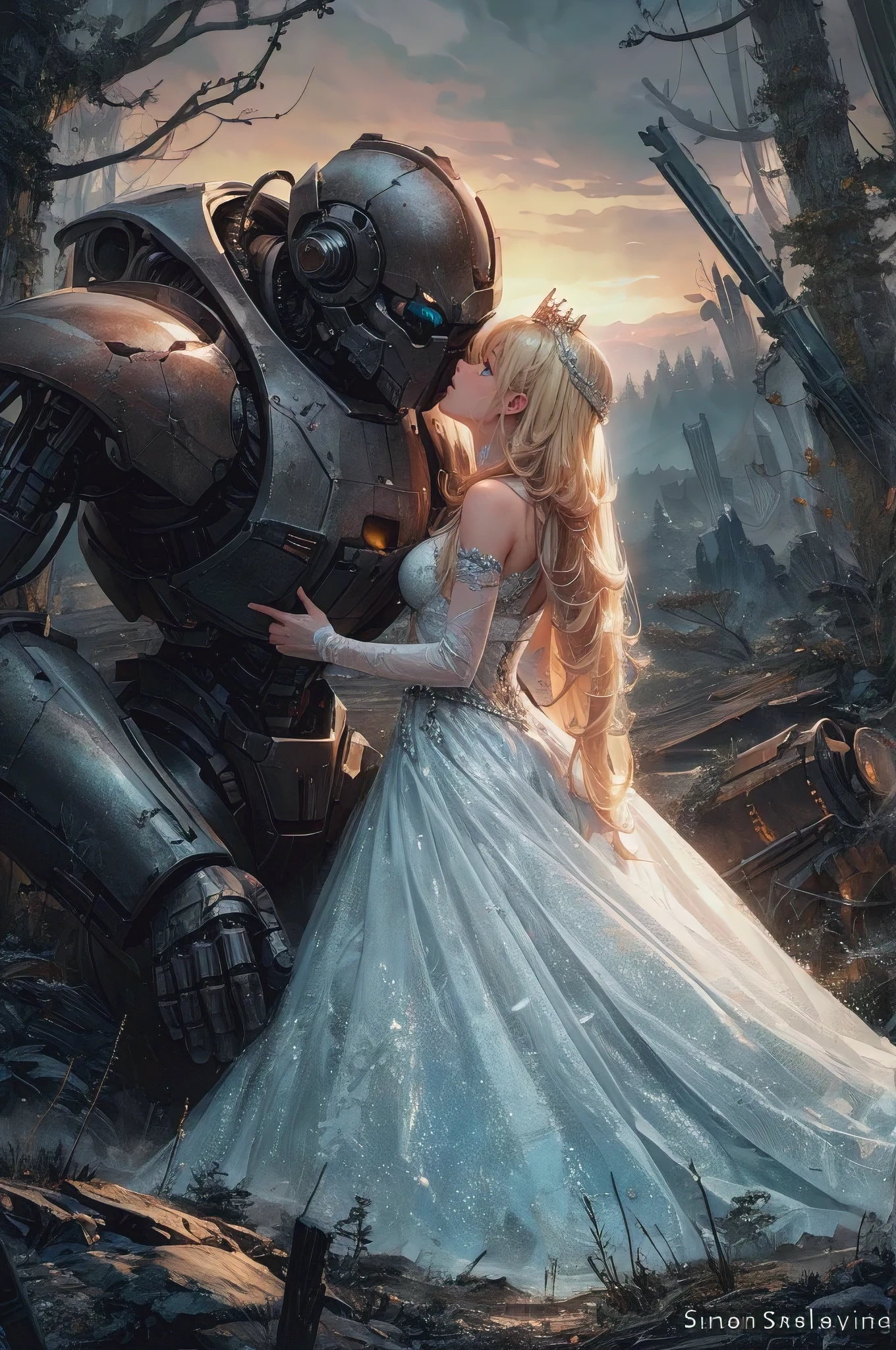 A captivating sci-fi scene by Simon Stalenhag featuring a princess in a stunning white glittery gown, with long, dreamy blonde hair and a delicate crown. She affectionately kisses a massive, battle-worn fighting robot, which appears broken and old, surrounded by a post-apocalyptic forest. The background reveals a desolate landscape, with remnants of human civilization and a hauntingly beautiful sky. The image combines elements of fantasy, romance, and futuristic technology, evoking a sense of nostalgia and longing.