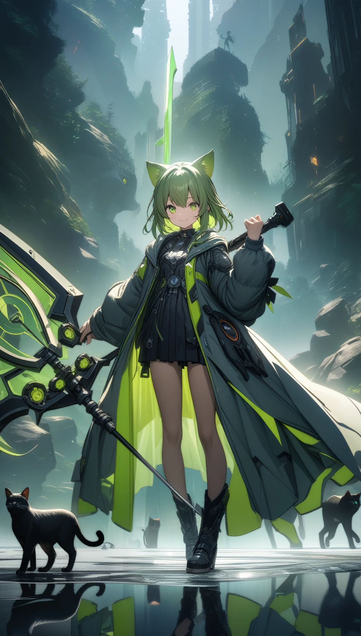 32k, best quality, ultra high res, HDR, UHD, extremely detailed CG, unity 32k wallpaper, A dark, futuristic, silhouetted figure of a girl with cat ears and a long, flowing coat, holding a massive scythe with a mechanical cat integrated into the blade, standing on a reflective surface with a minimalist, light gray background. --ar 4:3 --stylize 600 --niji 6, Rock sign hands, A vibrant anime-style illustration of a green-haired girl surrounded by cats, with her hands making the rock sign symbol and smiling at the camera. The background is filled with various cat characters in different poses, all rendered in a detailed manga art style. --ar 3:4 --niji 6 --style raw,