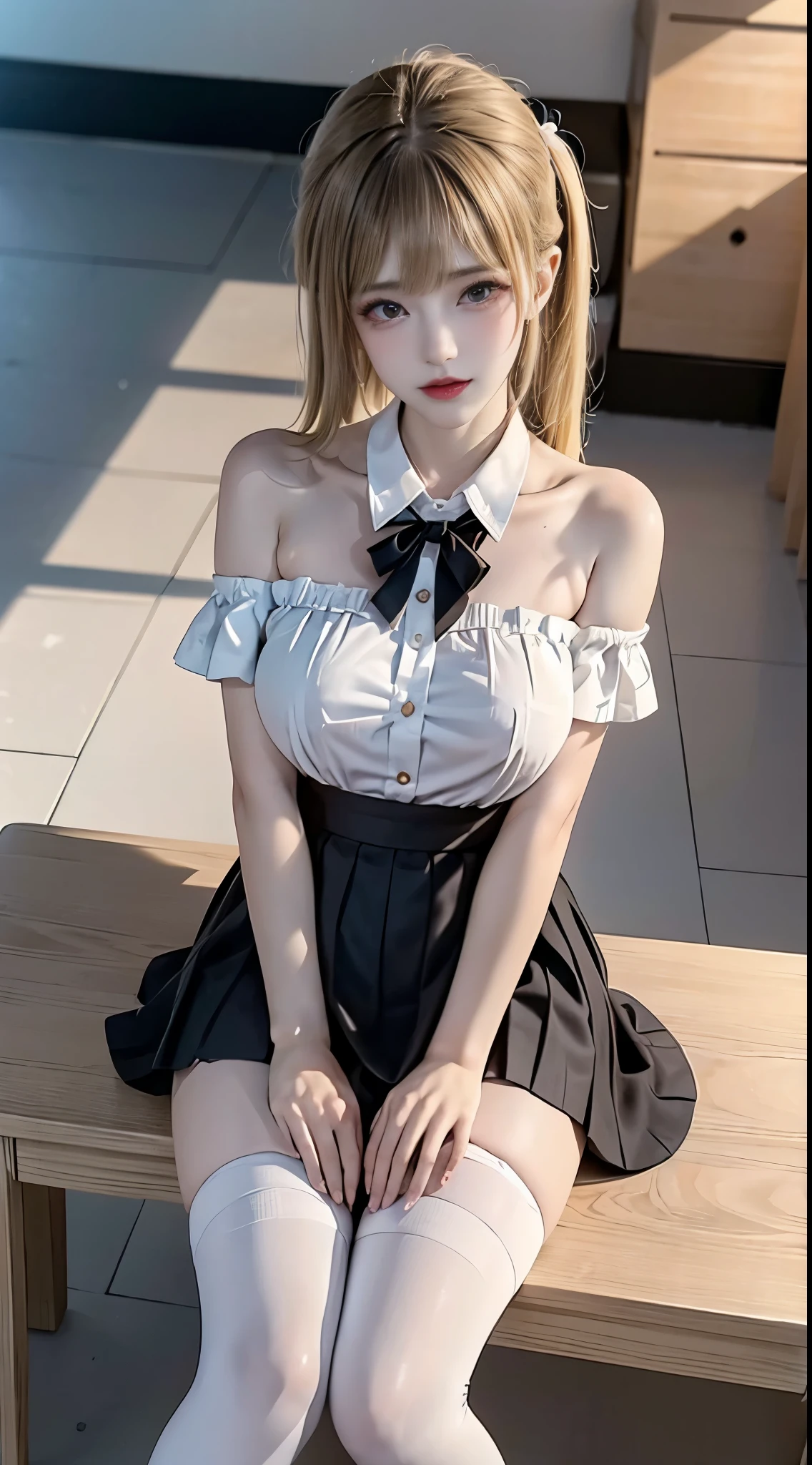 white thighhighs,loafers,black footwear,brown footwear,,mary janes,pleated skirt,plaid skirt,serafuku, ((cowboy shot)), ((Bare shoulder)), ((Short hemlines)), (In the classroom, sitting at the desk, school style), Elegant, charming, pure lust, lip biting, Exquisite makeup, realistic detailed photo of a giant breasted girl with exposed shoulders, detailed fingers, high quality skin, red eyes, (best quality,4k,8k,highres,masterpiece:1.2),ultra-detailed,(realistic,photorealistic,photo-realistic:1.37),studio lighting,vivid colors