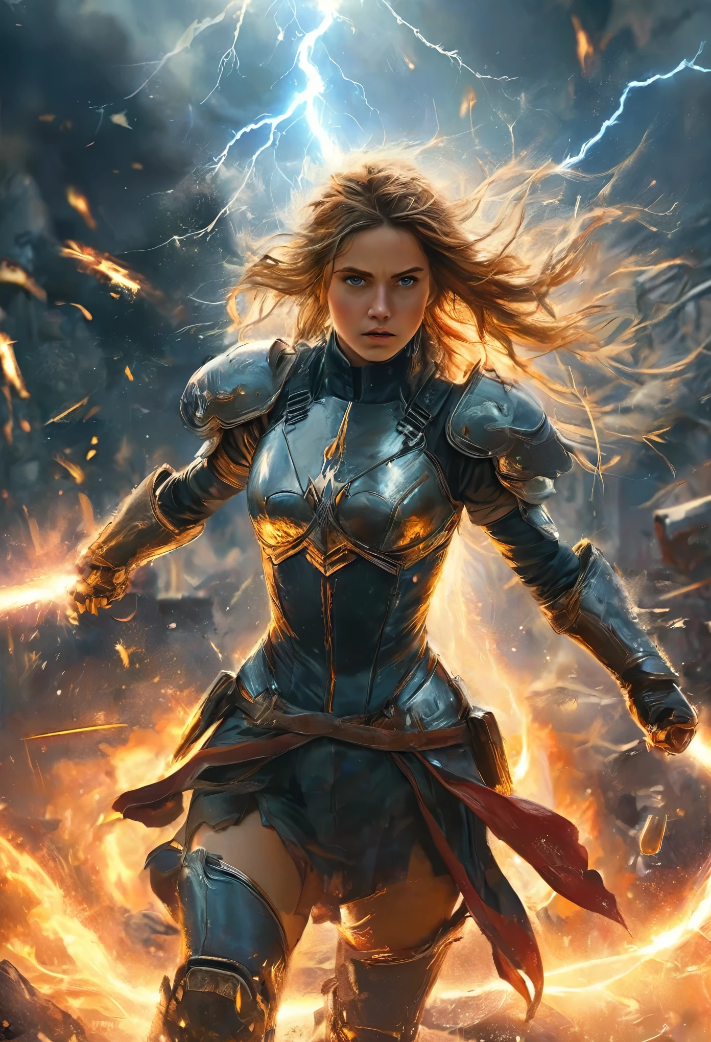 masterpiece, best quality, ultra-detailed, extremely delicate and beautiful, Fighting Female Warrior, explosions, lightning strikes, industrial fires,