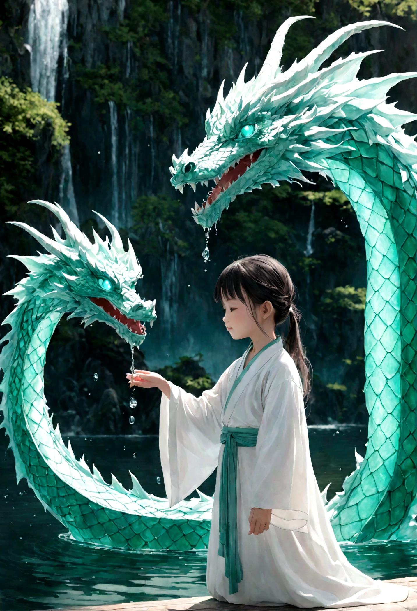 8K, Top quality, masterpiece，A glowing crystal dragon looking down at the  girl，A 12-yeaoldng Chl exudes a sweet smile。Facing the Crystal Dragon，She wears white Hanfu，wonderland，Flowing and agile，The background color is light green lake water，Dreamy、Dynamic water interactions，high resolution, Super Detail, Textured Skin, Anatomically correct, Authentic expression, realism，original photography,