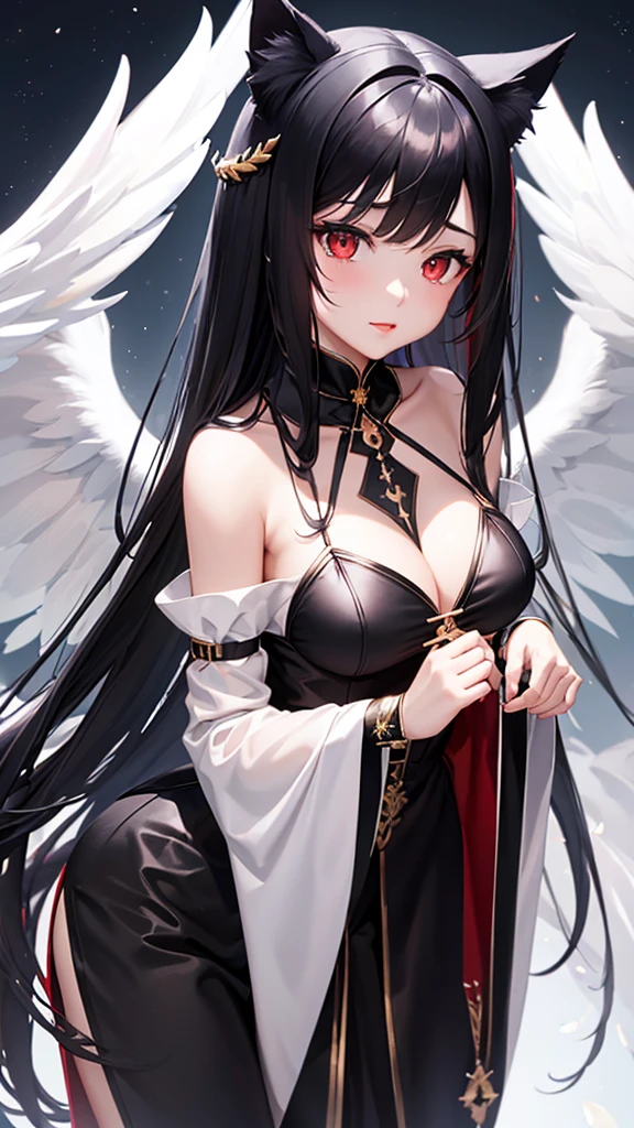 Detailed facial details,1 girl、Cat ear,Angel,Black long hair, Charming red eyes, Shy expression,Large Breasts,Slim,With pure white wings,White Greek style clothing,Handcuffs,Collar,飞在Sky上,Radiant Skin,red lips,Facial details are very detailed, Sky