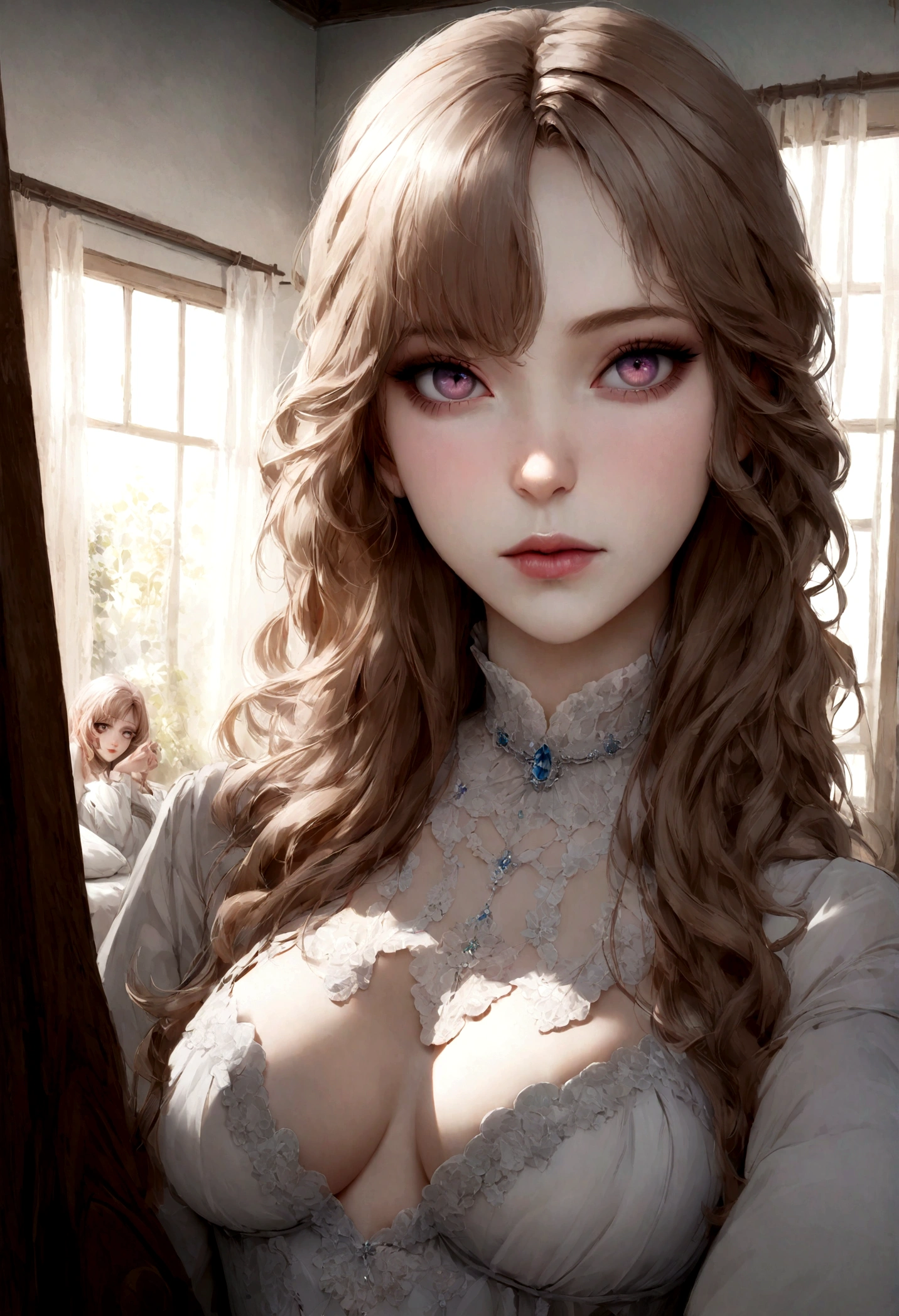 arafed femme pleinement , fille sexy aux yeux marrons, ultra realistic, Meticulously detailed, Portrait de Sophie Mudd, cheveux bruns et grands yeux, selfie d'une jeune femme, Yeux de chambre, violette myers, sans maquillage, maquillage naturel, regarder directement la caméra, visage avec artgram, maquillage subtil, superbe photo de tout le corps à genoux sur le lit, dans la chambre, Medium to large bust