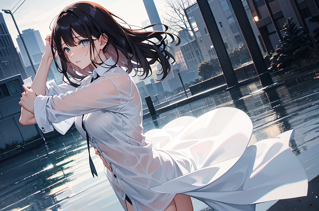 Beautiful woman, lightweight dress shirt, ((Tears))1.2, Heavy Rain, in park,