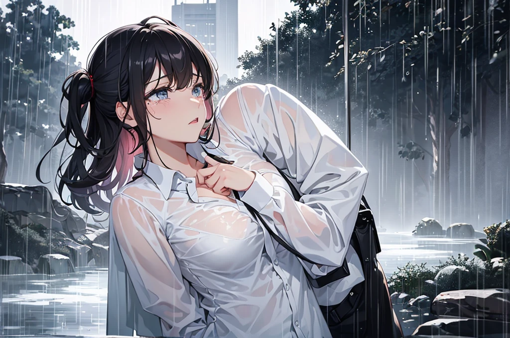 Beautiful woman, lightweight dress shirt, ((Tears))1.2, Heavy Rain, in park,