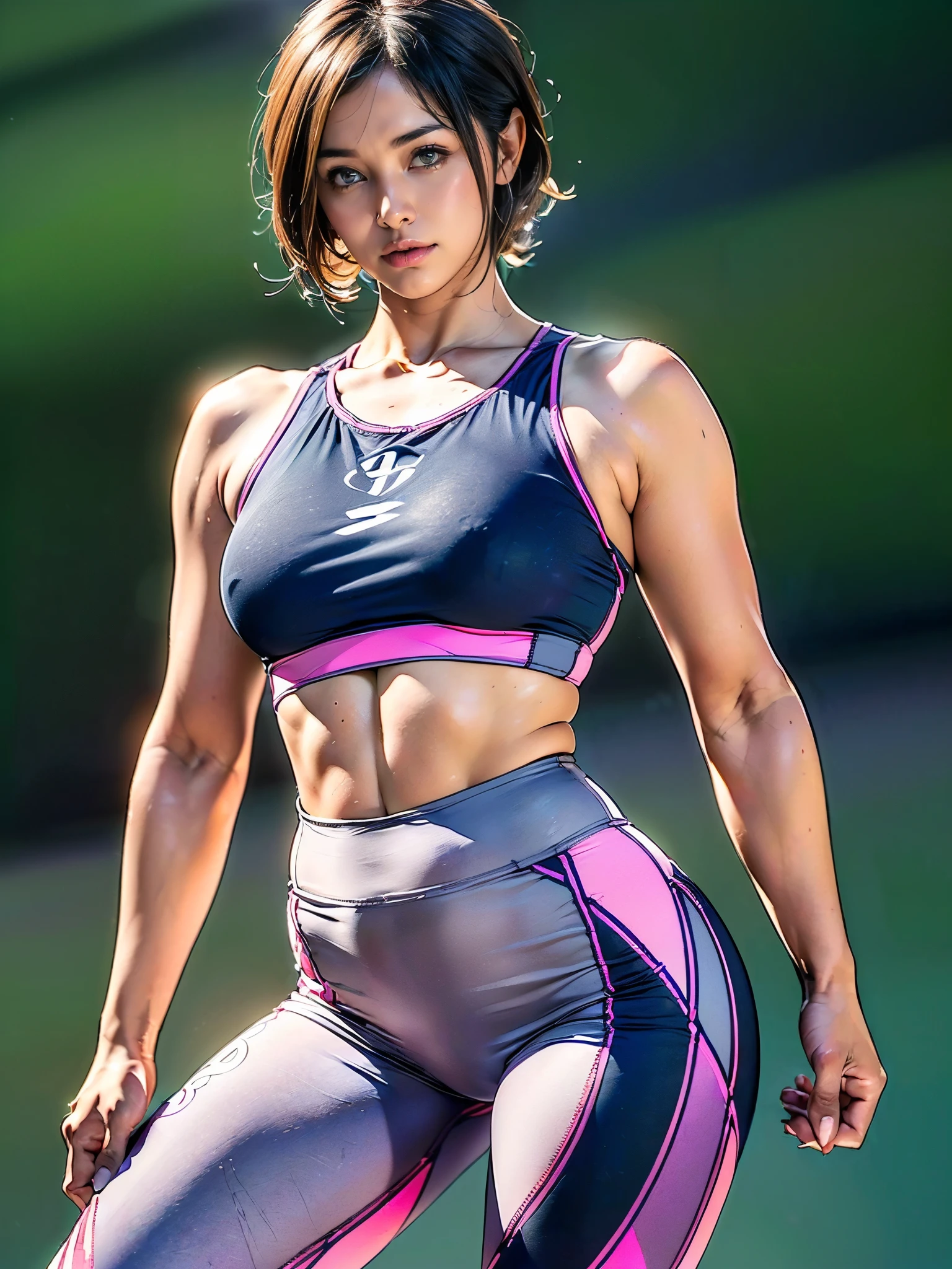 (One Woman),(Woman training in a fitness gym:1.5),( Woman:1.3),(((Brightly colored training clothes clinging to the body:1.5))),(Very form fitting leggings:1.5),(Tiny Sports Bra:1.5),(short hair:1.5),(front:1.5),(Beautiful Eyes:1.3),(Looking at me:1.5),(Serious:1.5),BREAK(Very detailedな顔:1.5),((Very detailedな手の描画:1.5)),(Big Br((Muscular:1.5)),((Thick thighs:1.5)),(Well-built:1.5),(Beautiful body:1.5),(((Very sensual:1.5))),(Background is a fitness gym:1.5),(((Blur the background:1.5))),BREAK(Gentle light:1.5),(Written boundary depth:1.5),(((masterpiece:1.5),(highest quality:1.5),(Very detailed:1.5),(High resolution:1.5),(Realistic:1.5),(Realistic:1.5),(Delicate drawing))),8k,(wallpaper:1.5)