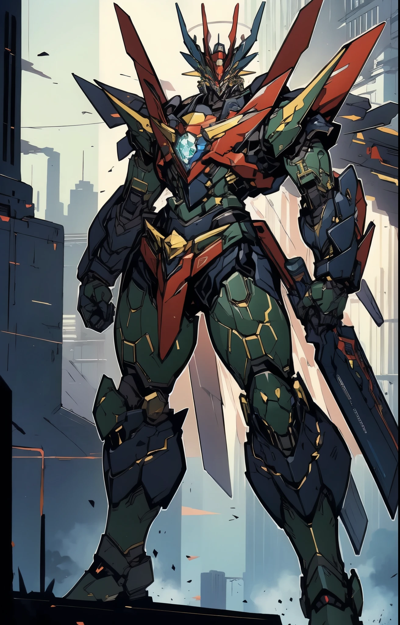 Humanoid Mecha, fully enclosed shoulder guards, matching arm and leg guards, full body, full armor, super robot, the design balances heavy with agility, (the color scheme is primarily white with red and blue accents, the concept Inspired by Mazinger Z, ruby chest armor, pose, standing, floating high above the futuristic sci-fi city), exquisite and mature art style, (aura effect, energy, glowing eyes, the armor glows), ((SRS)), metallic, dramatic, high definition, best quality, highres, ultra-detailed, ultra-fine painting, extremely delicate, professional, perfect body proportions, anatomically correct, symmetrical face, extremely detailed eyes and face, high quality eyes, creativity, RAW photo, UHD, 32k, Natural light, cinematic lighting, masterpiece-anatomy-perfect, masterpiece:1.5