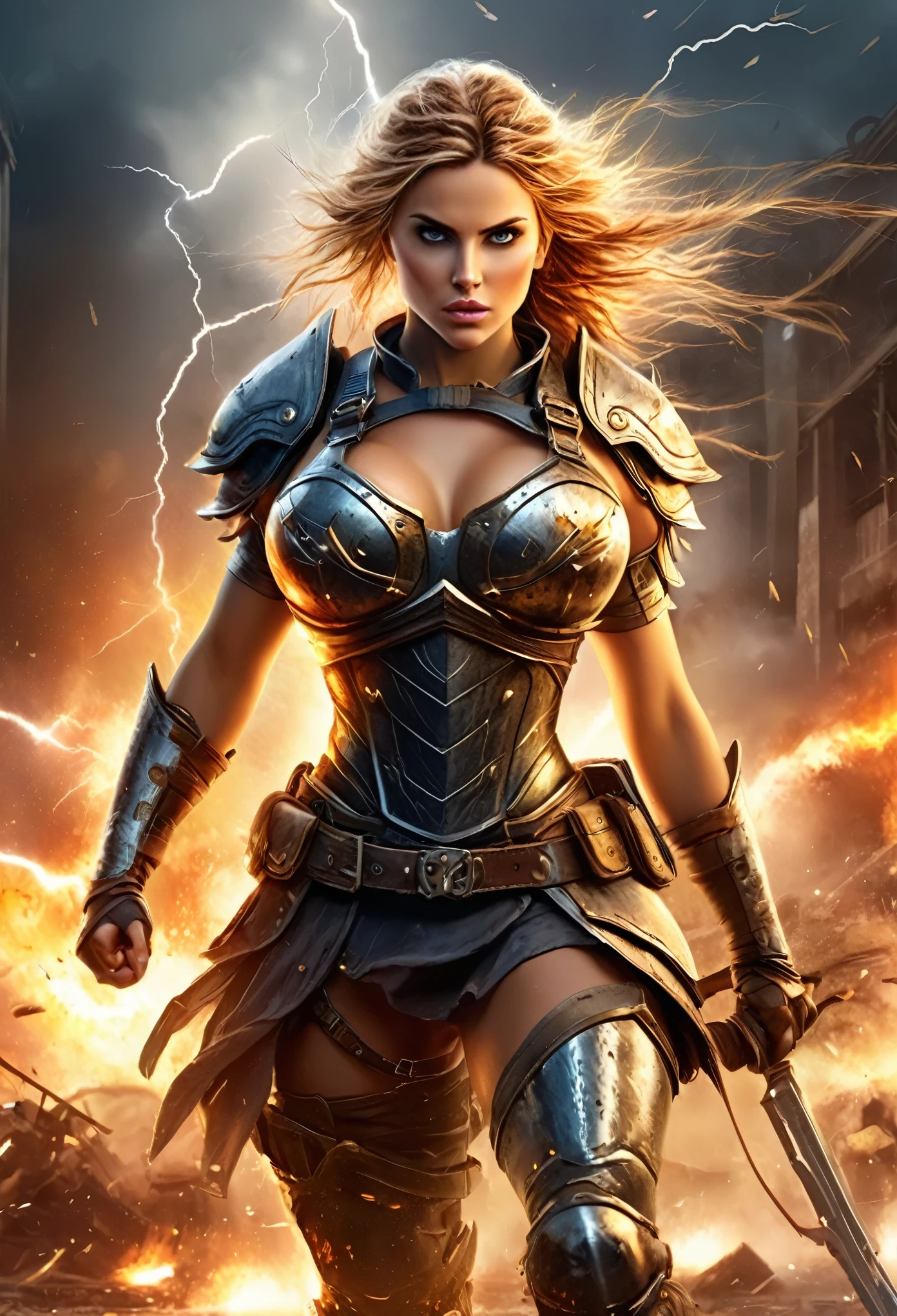 masterpiece, best quality, ultra-detailed, extremely delicate and beautiful, Fighting Female Warrior, explosions, lightning strikes, industrial fires,
