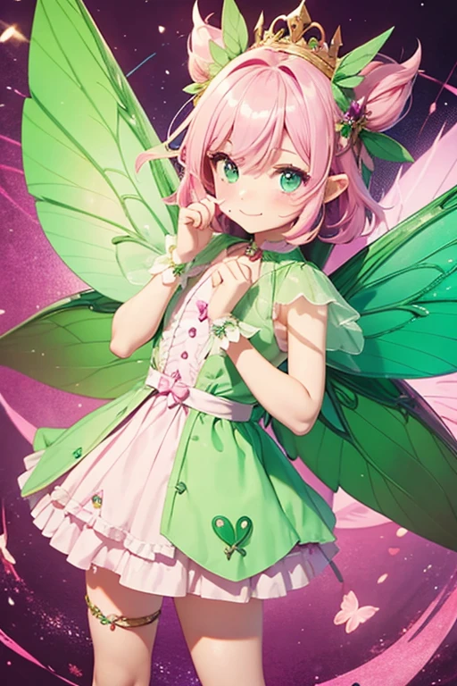 I girl fairy with pink hair and green ayes, they are smaller then your fist. They are dressed in a cookoung outfit, they look happy and they have fair skin. They have wings.