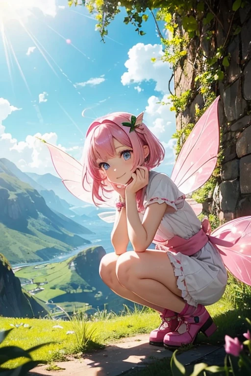 I girl fairy with pink hair and green ayes, they are smaller then your fist. They are dressed in a cookoung outfit, they look happy and they have fair skin. They have wings.