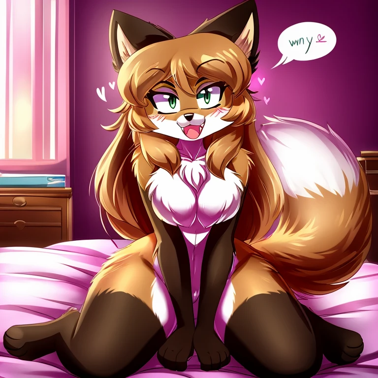 uploaded the e621, beautiful and detailed, woman (((female))) ((anthro)) Fox, (Averi, Fox girl), Fox, (anthro, fluffy fur), anthro fox girl, body fur, curvy, sexy, nice, cute, hot, comfortable anime-style cartoon-style, digital drawing, SFW, flat chest, chest fluff, closed mouth, nervous smiling, lovely cute smile, friendly smile, green eyes, sassy, sassy hips, fangs, indoors, wet fur, on knees, doing ASMR, ASMR, petting, on a bed, bed, hearts, heart, speech bubble, leaning towards viewer, nuzzling viewer, first person view