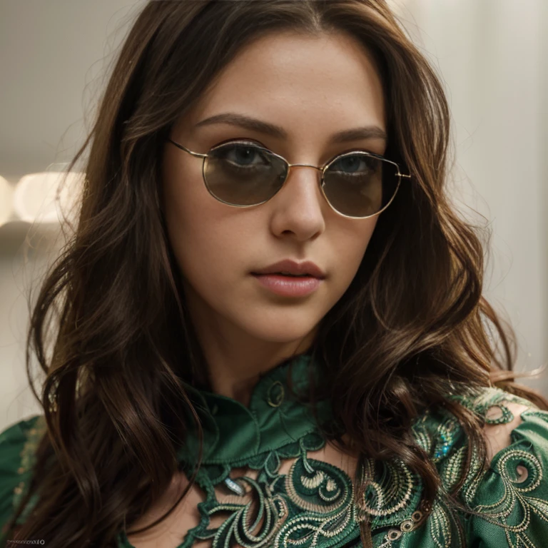 beautiful detailed eyes, beautiful detailed lips, extremely detailed eyes and face, long eyelashes, 1 girl, brunette, european, long hair, green eyes, sunglasses, sexy neckline dress, escarpins, photorealistic, 8k, highres, masterpiece, ultra-detailed, realistic, photo-realistic, studio lighting, vivid colors,