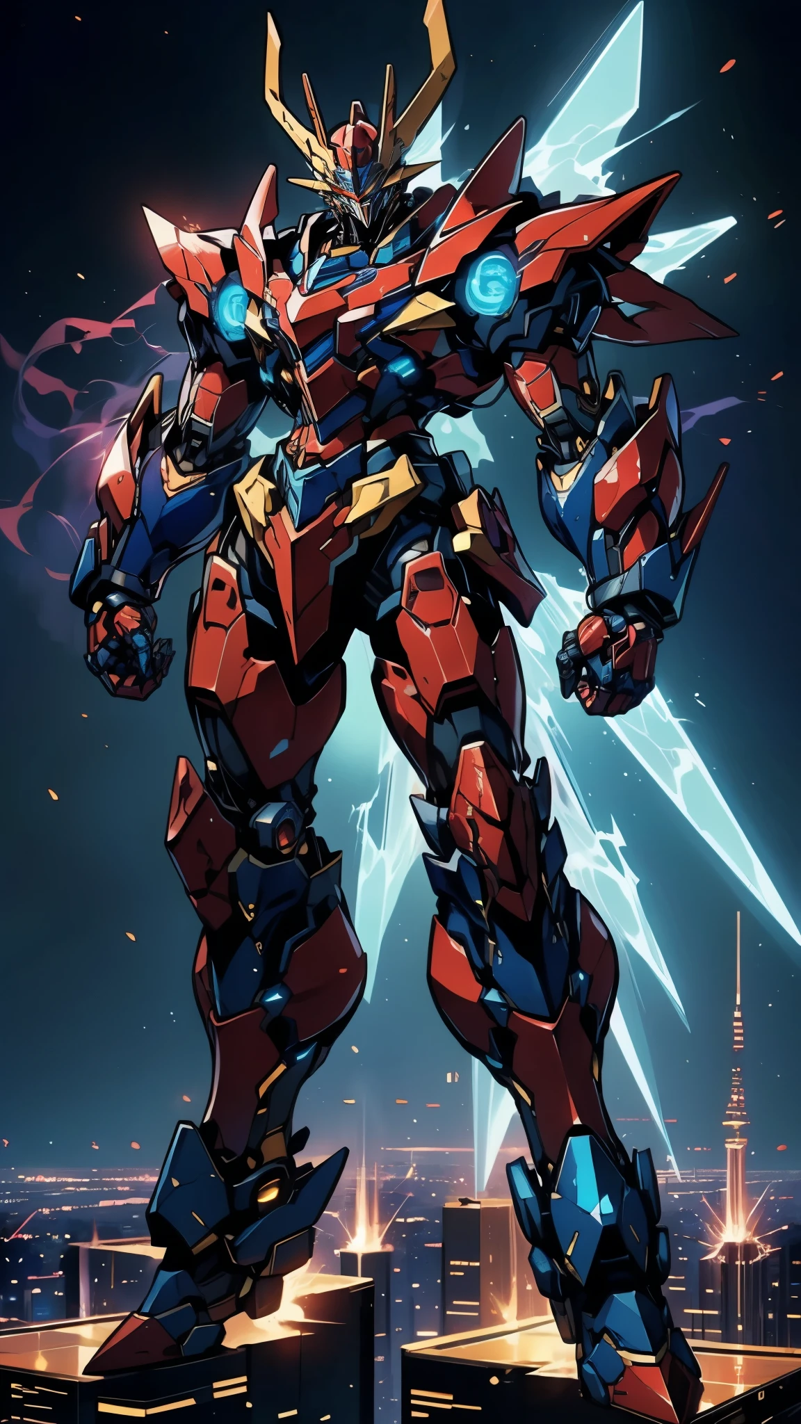 Humanoid Mecha, fully enclosed shoulder guards, matching arm and leg guards, full body, full armor, super robot, the design balances heavy with agility, (the color scheme is primarily white with red and blue accents, the concept Inspired by Mazinger Z, ruby chest armor, pose, standing, floating high above the futuristic sci-fi city), exquisite and mature art style, (aura effect, energy, glowing eyes, the armor glows), ((SRS)), metallic, dramatic, high definition, best quality, highres, ultra-detailed, ultra-fine painting, extremely delicate, professional, perfect body proportions, anatomically correct, symmetrical face, extremely detailed eyes and face, high quality eyes, creativity, RAW photo, UHD, 32k, Natural light, cinematic lighting, masterpiece-anatomy-perfect, masterpiece:1.5