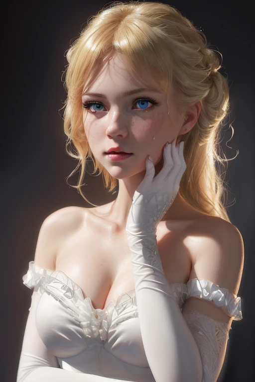 (((medium full shot))), (photorealistic, photorealism, best quality, ultra-detailed:1.3), (nice hands, perfect hands), official art, cinematic light, (1girl:1.3), adult, solo, red dress, white gloves, elbow gloves, bare shoulders, cleavage, blonde, yellow eyes, portrait photography