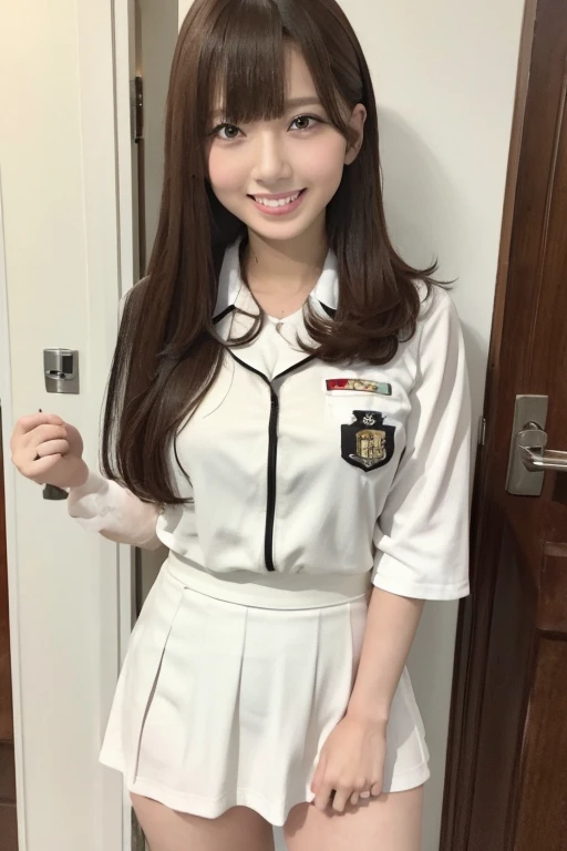 Gravure idol pose　Hotel　uniform　White clothes　high resolution　Not too small bust　Black Mini Skirt　Skirts should be shortened