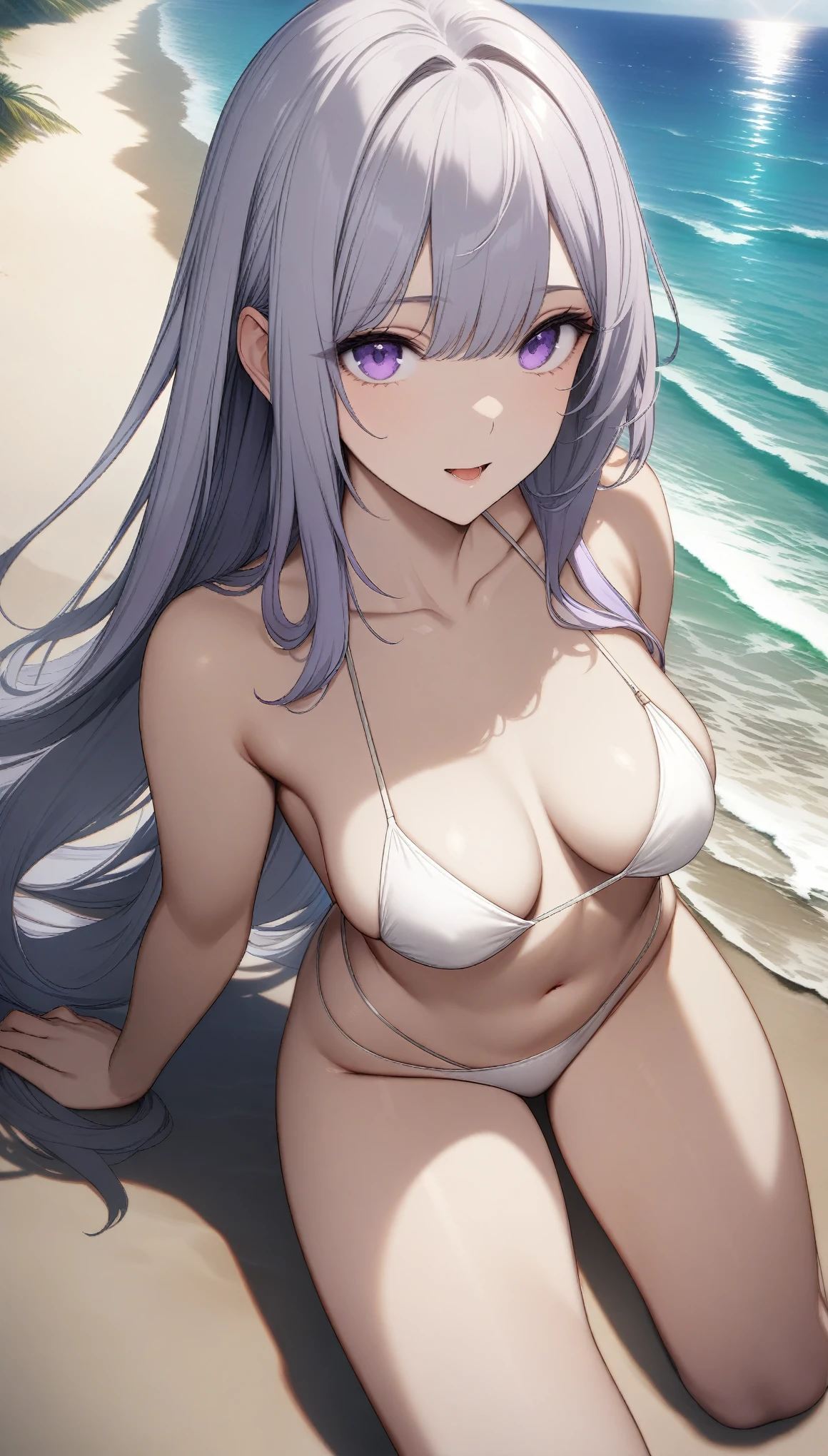 nsfw, 32k, best quality, ultra high res, HDR, UHD, extremely detailed CG, unity 32k wallpaper, One girl,High resolution, high quality, masterpiece, Purple eyes, White Bikini, Beach,
