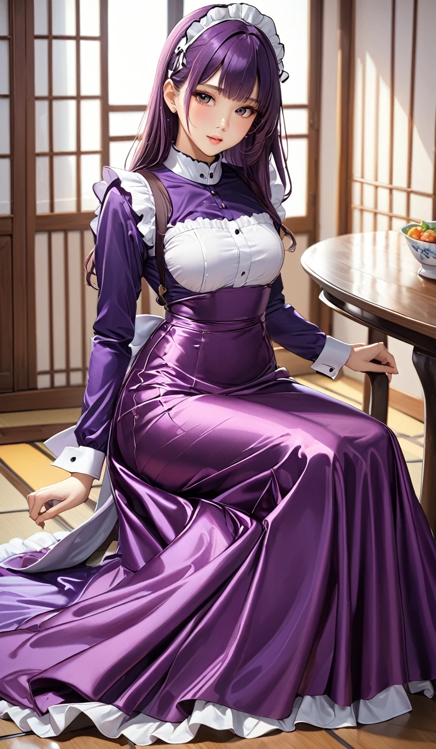 (masterpiece,highest quality,超A high resolution),Japanese women, (((Very beautiful 25 year old girl))), pretty girl、The maid uniform completely covers the whole body...、(Shiny purple long sleeve maid dress)、High neck maid shirt、Mermaid-style long skirt、satin