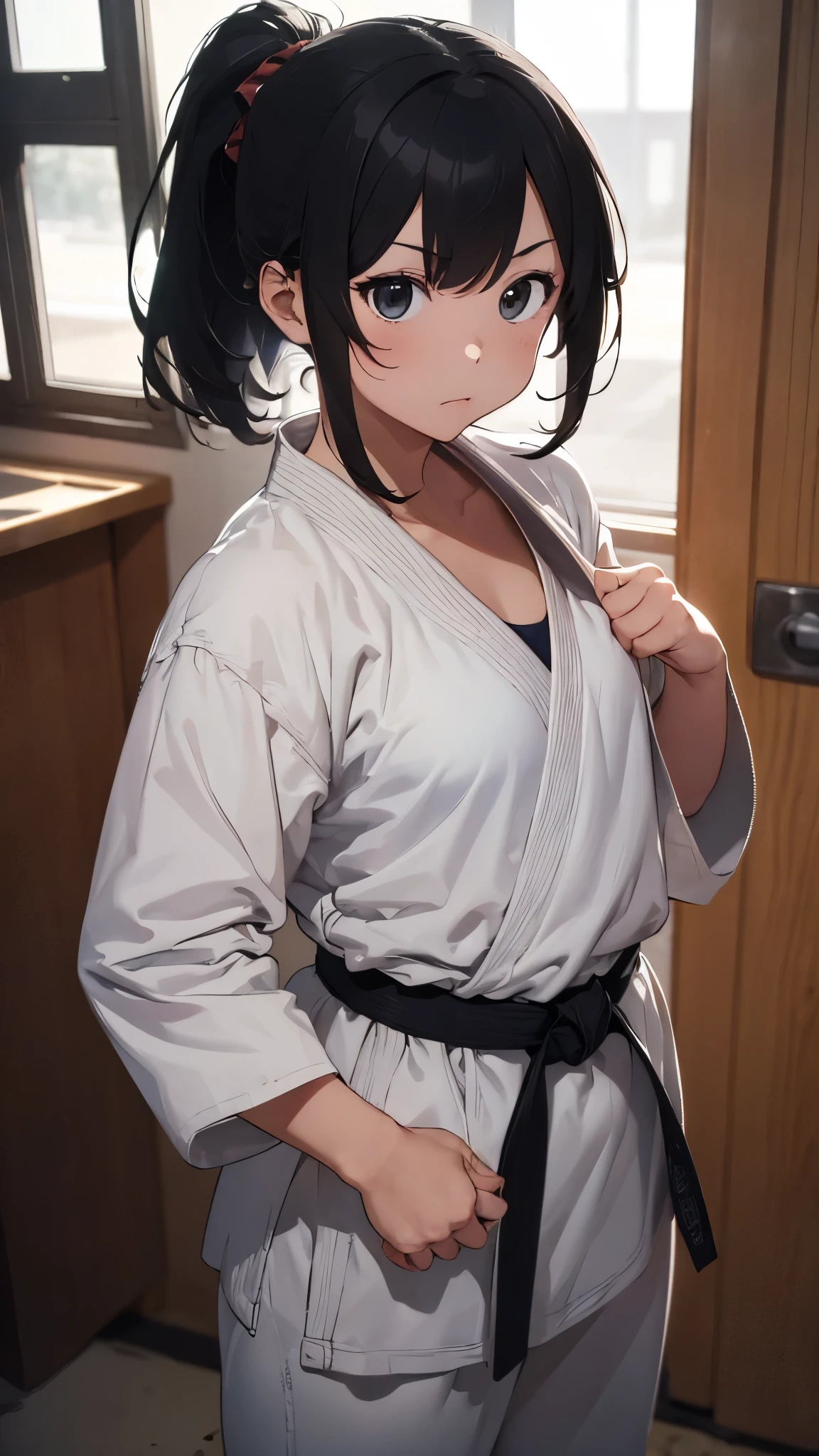 ((masterpiece, best quality, ultra-detailed, very fine 8KCG wallpapers)), 1girl, solo, Slightly chubby, medium hair, black hair, ponytail, black eyes,Judo player、Judo、Inside the dojo、Standing 、Fighting Pose、Staring at the Enemy、Stern expression、Close-up image from the chest up、The bust is large、