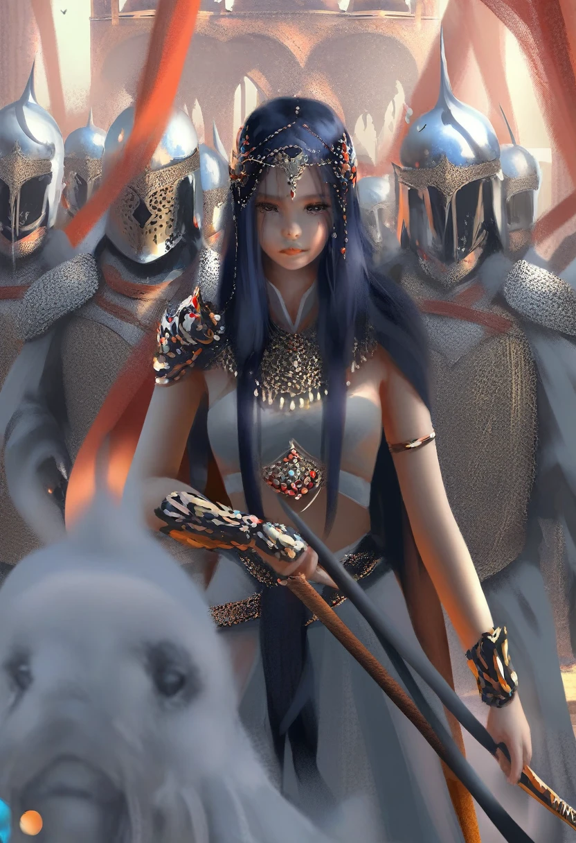by wlop, epic scene, arabic warrior, beautiful face, spirit scene, holding sword, perfect hand, intricate details armor, feather helmet, crowd, war, masterpiece, best quality, amazing quality, very aesthetic, absurdres