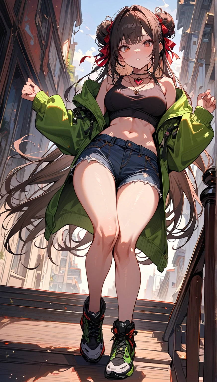 (best quality, top details, high quality, very displeasing, detailed, highest quality, newest, highres, ultra fine painting, masterpiece:1.2), digital art, 4k, 8k resolution, 8K CG wallpaper, CG, detailed background, blurry background high resolution, epic lighting, RAW photo, POV, sharp focus, professional photography, good lighting, soft light, soft colors, looking at viewer, detailed lights and shadows, stylish, ultra, ultra-detailed, trending art, niji style, modern-days, master crafted, pose, (top quality, details:1.37), solo, 1girl, a girl, (medium big breasts:1.2), tight bust, big thighs, short torso, flushtered, casual, (innocent face, cute, slim), nice hips, nice body, brown hair, (long flowing hair) , twin buns hairstyle, long bangs, long hair, middle hair bangs, brown eyes, full body, ((black string tanktop:1.2), tummy skin, off shoulder open green hoodie, shorts)