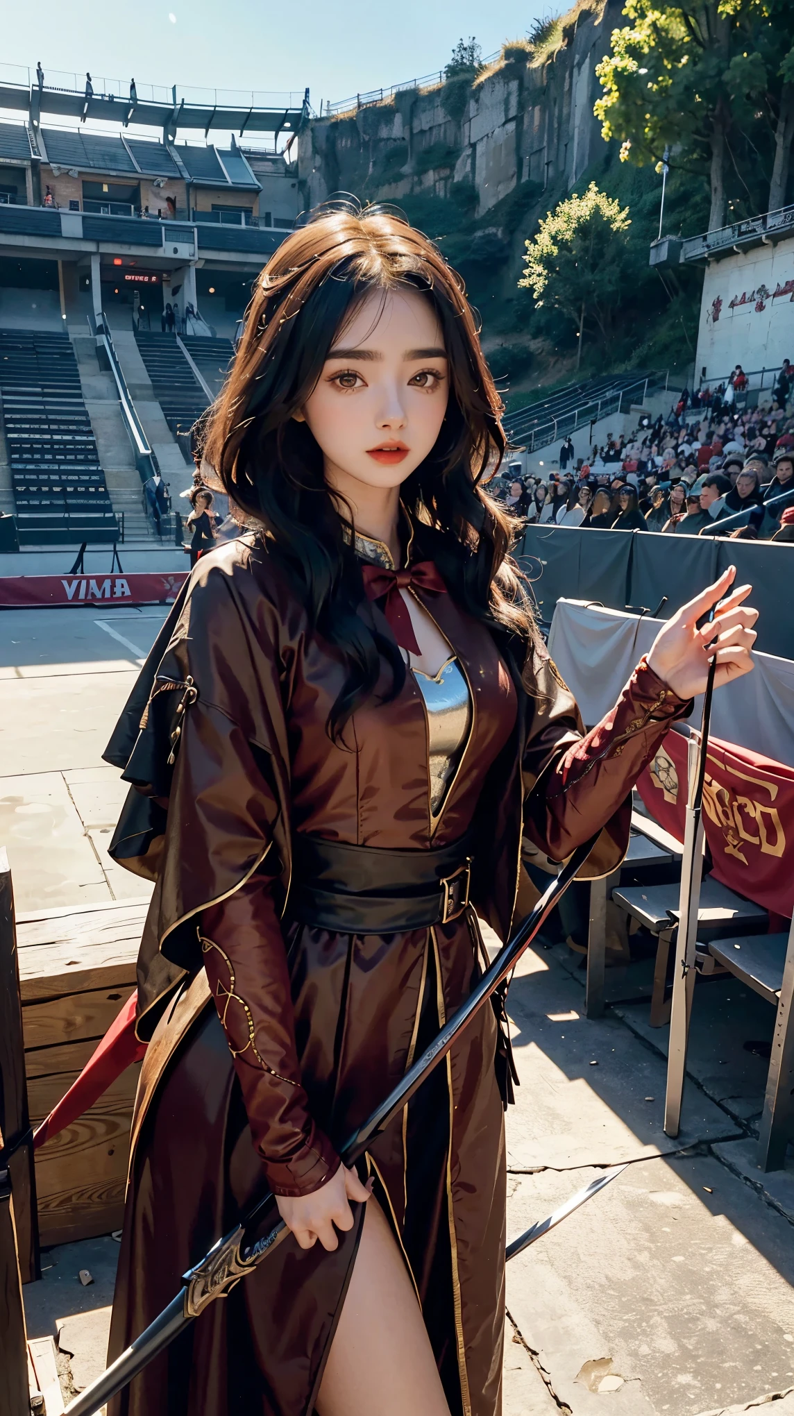 Lily Collins with black curly hair with red hood, medieval clothes, bow and arrow in hand, entering an arena landscape filled with bleachers and audience watching the illustration is detailed, smooth and bright, HD art by Citemer Liu