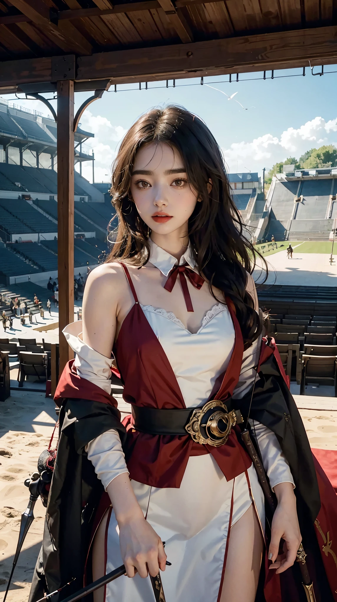 Lily Collins with black curly hair with red hood, medieval clothes, bow and arrow in hand, entering an arena landscape filled with bleachers and audience watching the illustration is detailed, smooth and bright, HD art by Citemer Liu
