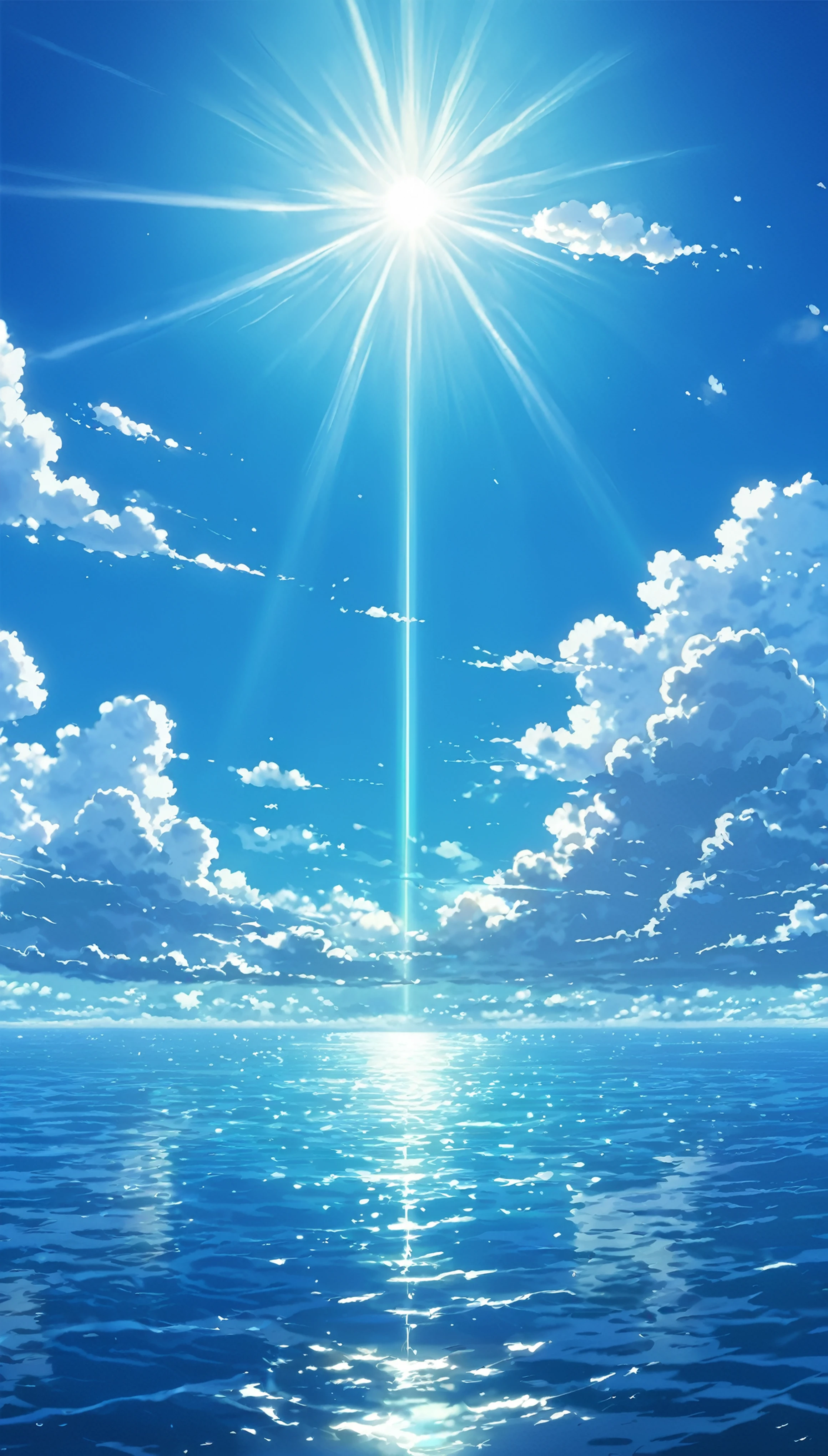 a picture of the sky with clouds and sun shining in the background, beautifull puffy clouds. anime, anime clouds, anime sky, blue sea. by makoto shinkai, beautiful anime scenery, cosmic skies. by makoto shinkai, anime. by makoto shinkai, by Makoto Shinkai, by makoto shinkai, ( ( makoto shinkai ) ), anime scenery, anime atmospheric, style of makoto shinkai, makoto shinkai. —h 2160, makoto shinkai. high detail, wallpaper anime blue water, luminous sky heaven background, clouds. fantasy, anime landscape wallpaper, makoto shinkai art style.(quality-8k)