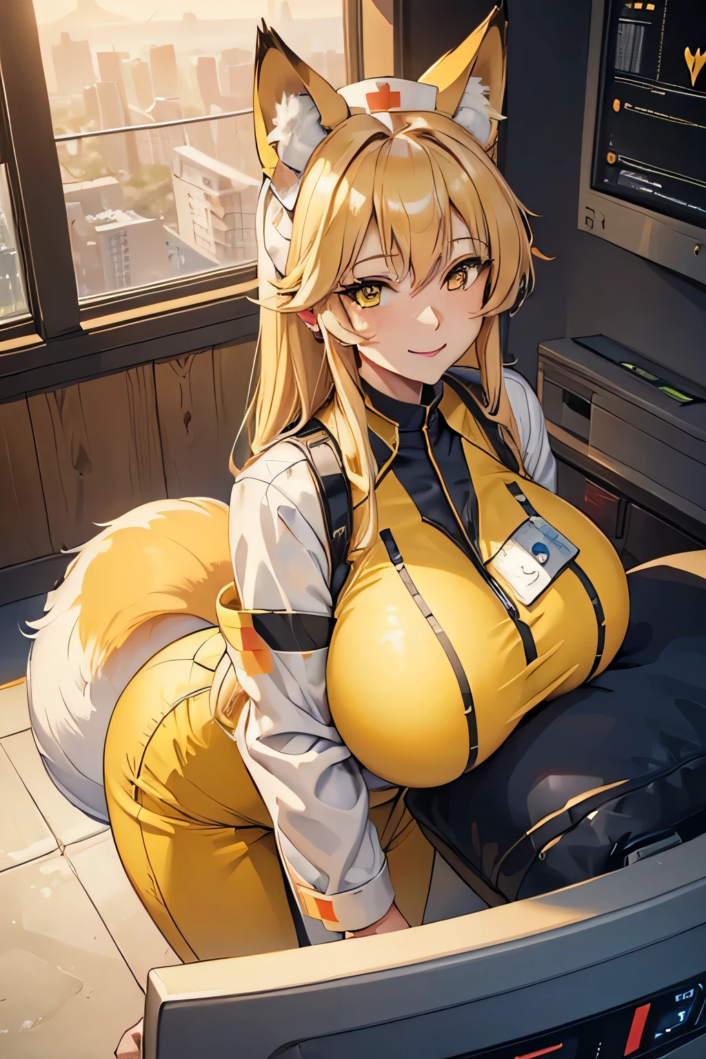 (masterpiece:1.3), 8k, (fox ear, fox tail, fox girl), (gigantic breasts:1.6), ultrahd, highres, photo of Yakumo Ran \(Touhou\), Blonde hair, yellow eyes, long hair with very large breasts and a huge ass standing in a hospital lobby, (beautiful scenery),(perfect face), masterpiece, blush, 1girl, solo, smooth anime cg art, (smile:1.3), detailed, from above, pillow, formal pose, (sci-fi yellow military nurse uniform:1.6), (military trousers), (long military robes) 