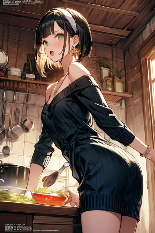 (small breasts:1.3), (perky chest:1.1), (pointed chest:1.0), (fashion magazine cover:1.3),(from below:1.0),(from side:0.9),masterpiece, 1girl, Amazing Cleavage:1.1, thin waist, big ass, Raised sexy, small breast: 1.3, posed cleavage:1.2、solo, looking at viewer, open mouth, have a cute grass of cute beergrass,black hair, dark green eyes, dress, bare shoulders, jewelry, collarbone, sidelocks, hairband, earrings, indoors, off shoulder, :o, sweater, arms behind back, plant, short hair with long locks, gild hairband, off-shoulder dress, sweater dress, off-shoulder sweater, red sweater, dark gord hair, big side hair, very long side hair,is rendered in (masterpiece: 1.2, best quality), with (ultra high resolution) and an exquisite (depth of field). This masterpiece is not only visually stunning but also tells,A scene of cooking in the kitchen by classroom