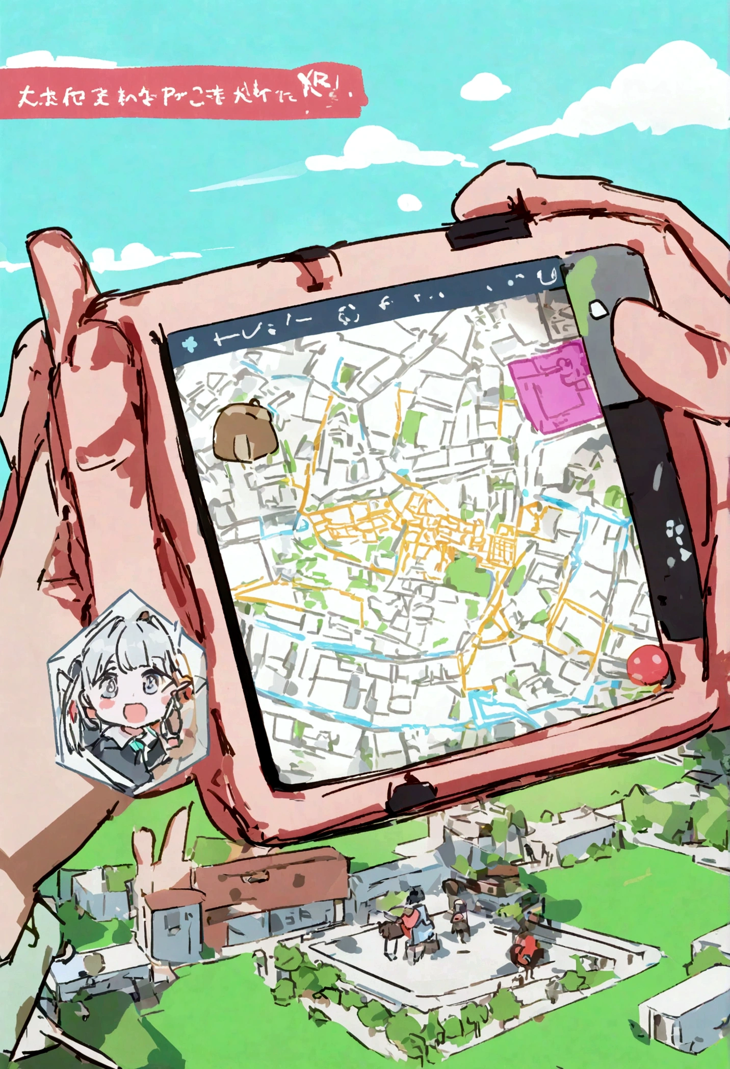 Students on campus are positive and the background is bright、Colorful VR usage、Cartoon image of a student drawing a student in AR using a drone、Mapping tool for students with campus background