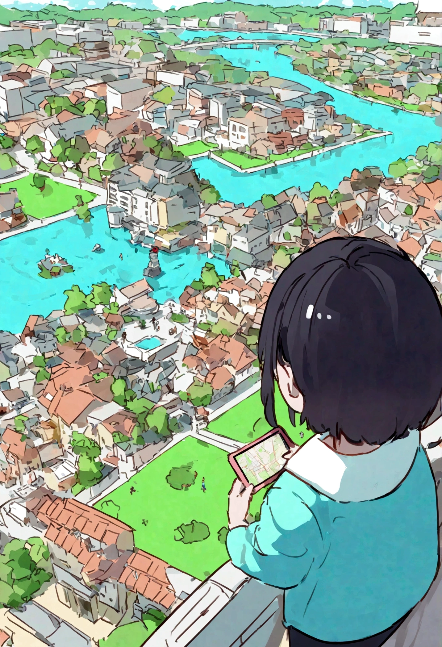 Students on campus are positive and the background is bright、Colorful VR usage、Cartoon image of a student drawing a student in AR using a drone、Mapping tool for students with campus background