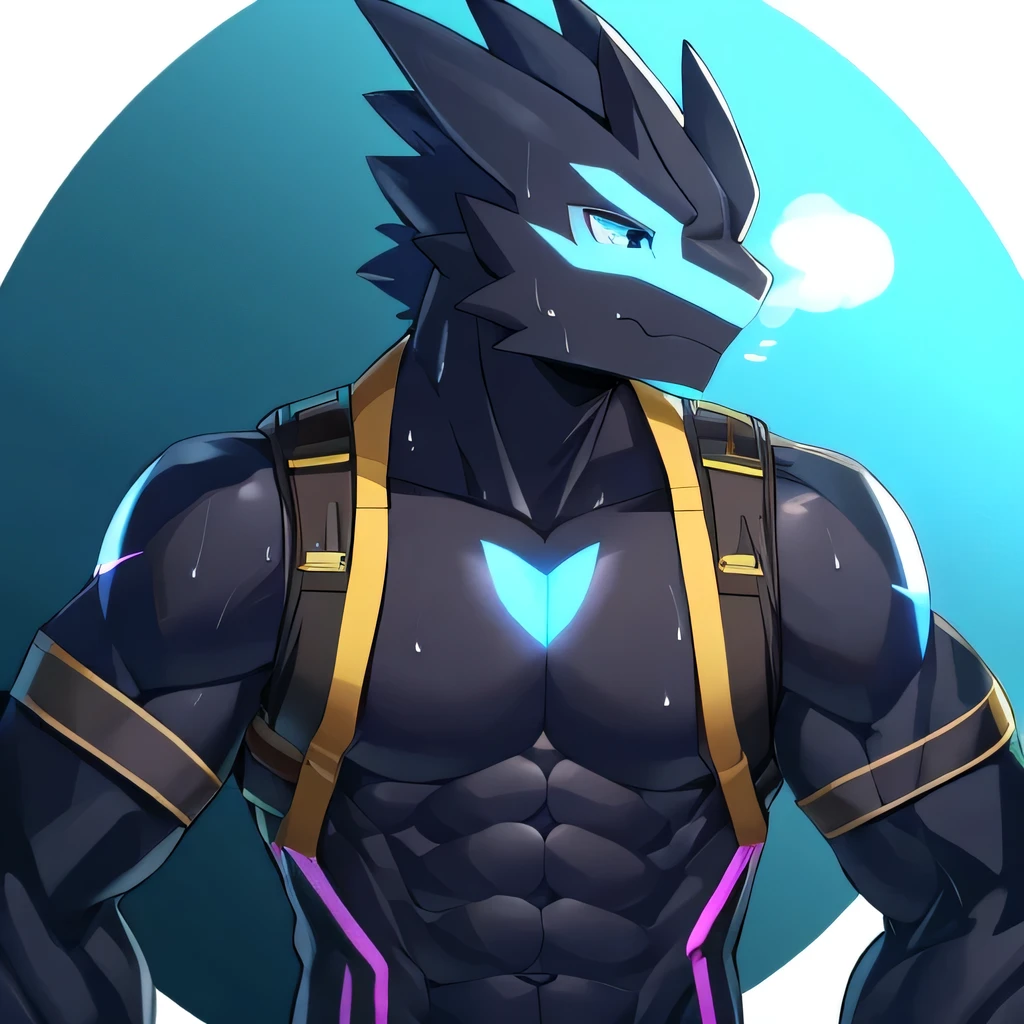 Thin macho　western black dragon　　abs　　　　　Hollow abs　　body suit　　thick arms　　　chest rig　　　、sweaty　　　skin glow　　profile　　Wearily　short of breath　　  　Chemo shota　　
have a 　blue eyes　Tired look jacket