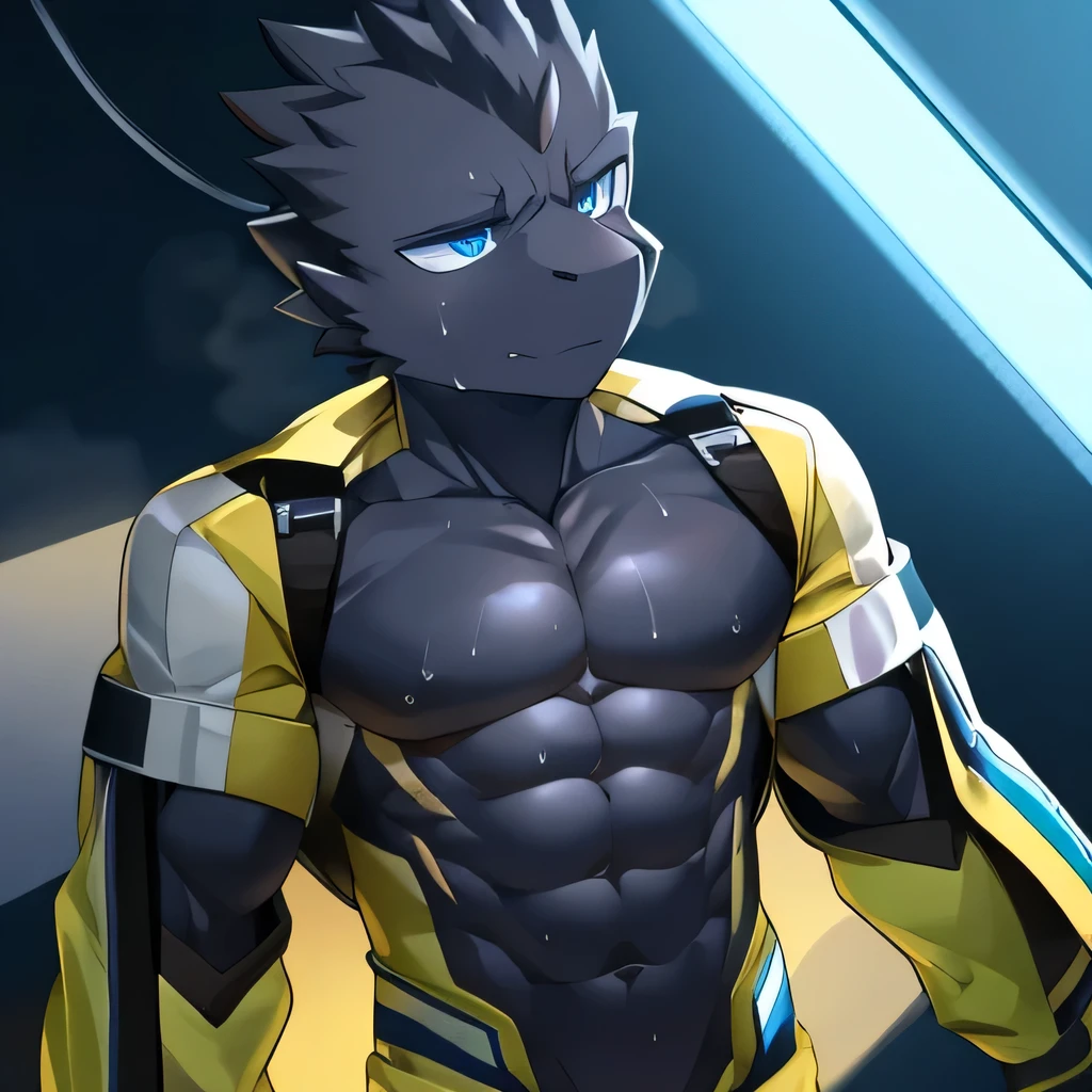 Thin macho　western black dragon　　abs　　　　　Hollow abs　　body suit　　thick arms　　　chest rig　　　、sweaty　　　skin glow　　profile　　Wearily　short of breath　　  　Chemo shota　　
have a 　blue eyes　Tired look jacket