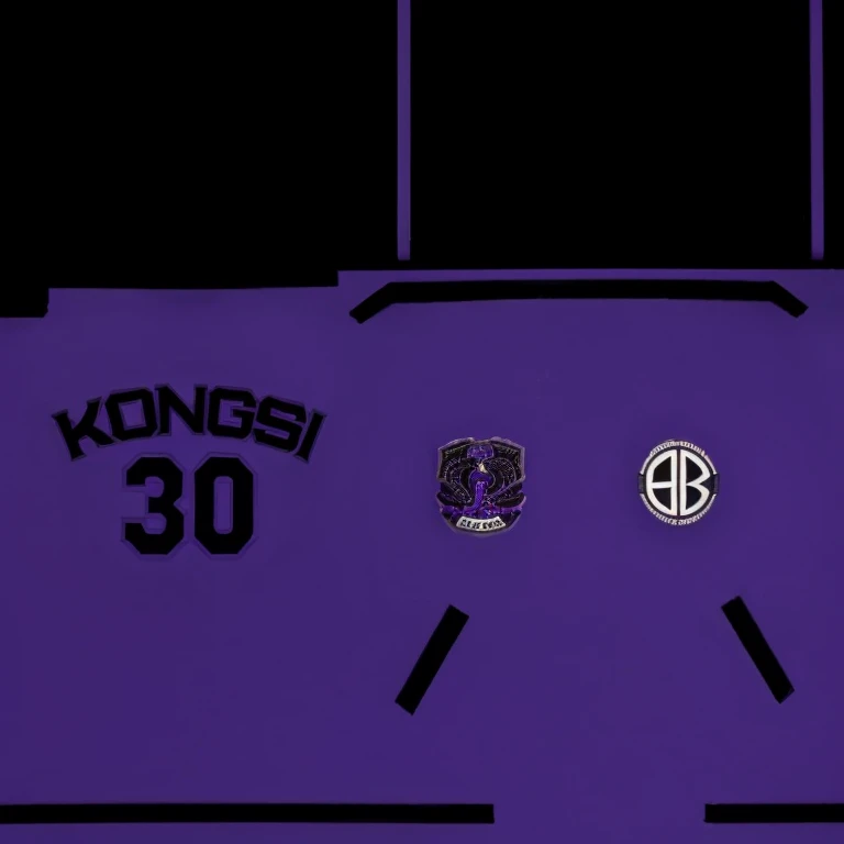 a close up of a purple and black varsity.