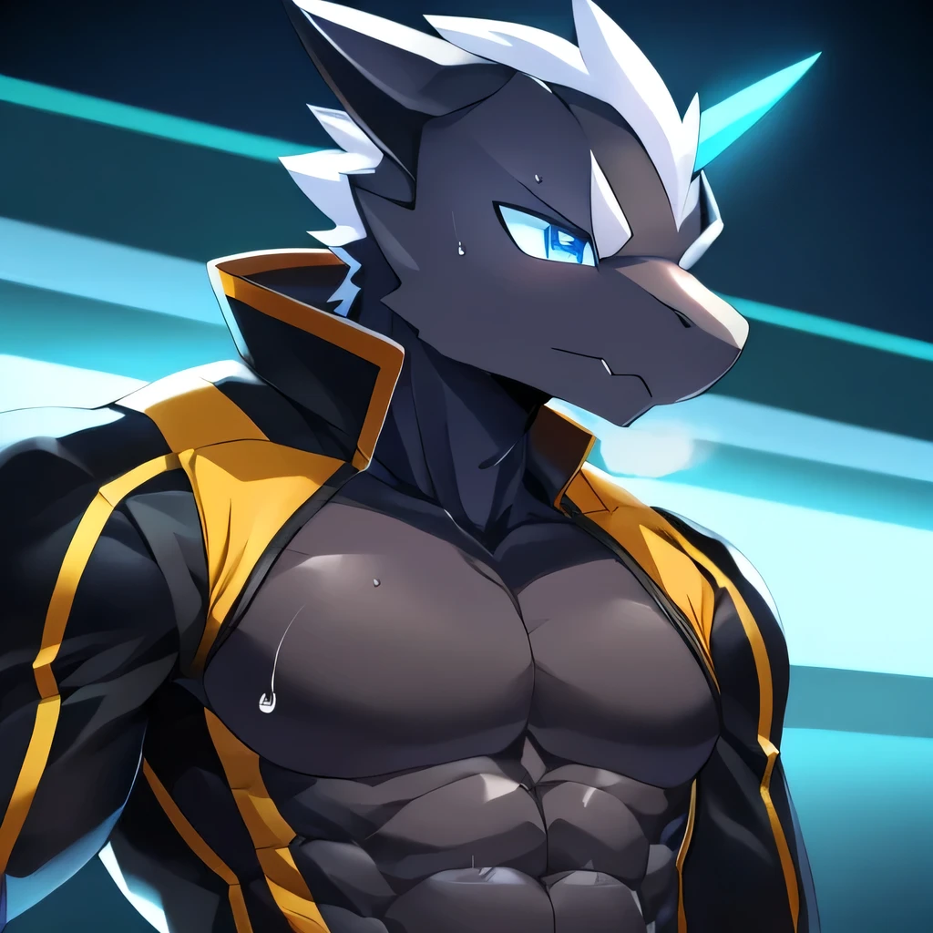 Thin macho　western black dragon　　abs　　　　　Hollow abs　　body suit　　thick arms　　　chest rig　　　、sweaty　　　skin glow　　profile　　Wearily　short of breath　　  　Chemo shota　　
have a 　blue eyes　Tired look jacket