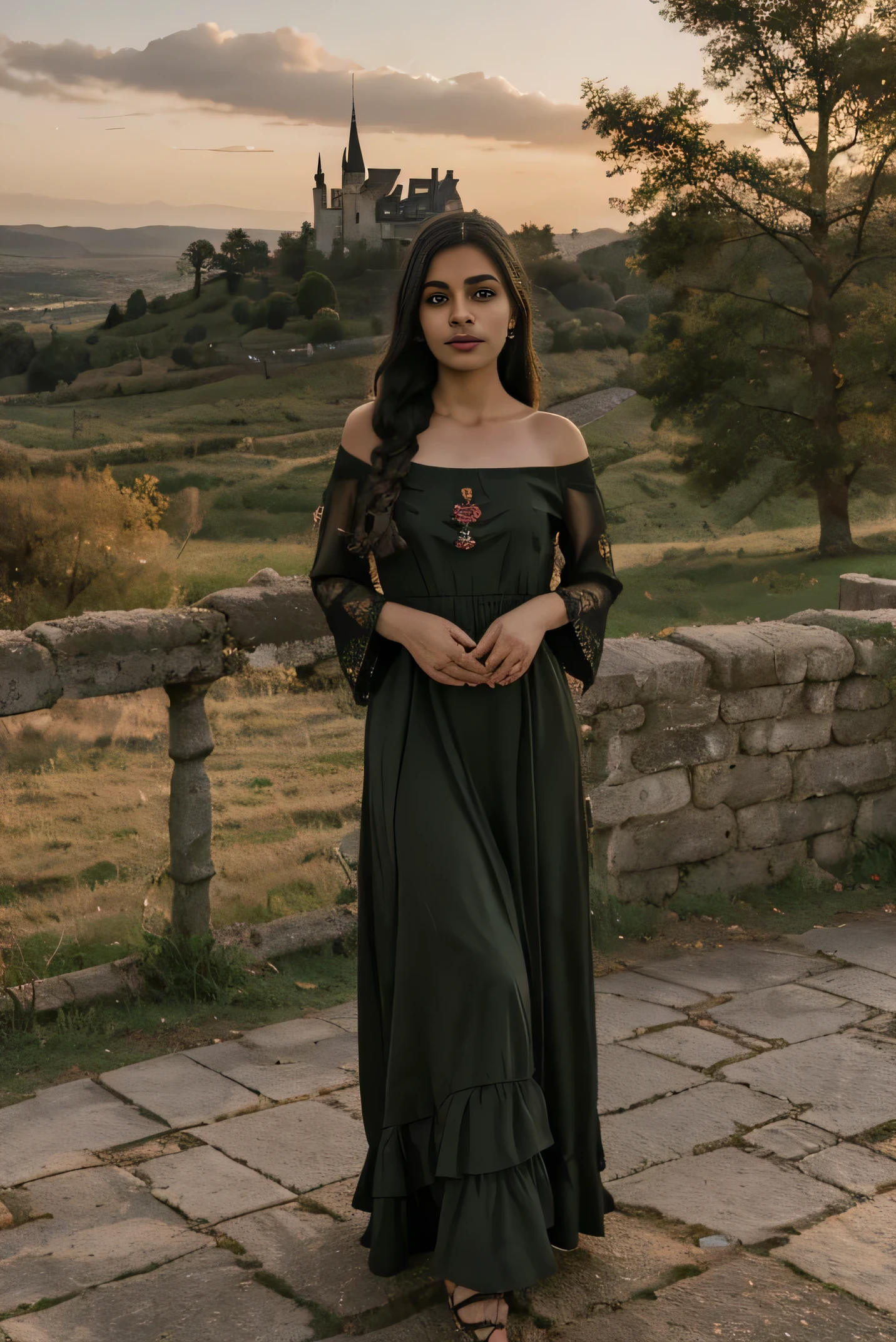 Background: A grand, medieval castle set against a picturesque countryside landscape, the setting sun casting a warm, golden glow over the ancient stone walls and turrets. Foreground: Isha Patel, a stunning young Indian woman with rich, olive skin and captivating dark eyes. Her long, raven-black hair is styled in a elegant, cascading braid that flows over her shoulder. Isha stands tall and confident, one hand resting on her hip as she takes in the majestic sight before her. She’s wearing a flowing, floor-length dress in a deep, burgundy red, the fabric moving gracefully in the gentle breeze. The dress features intricate, embroidered details that catch the fading sunlight. Expression: Isha’s expression is one of serene wonder, her dark eyes sparkling with a hint of awe as she admires the castle’s grandeur