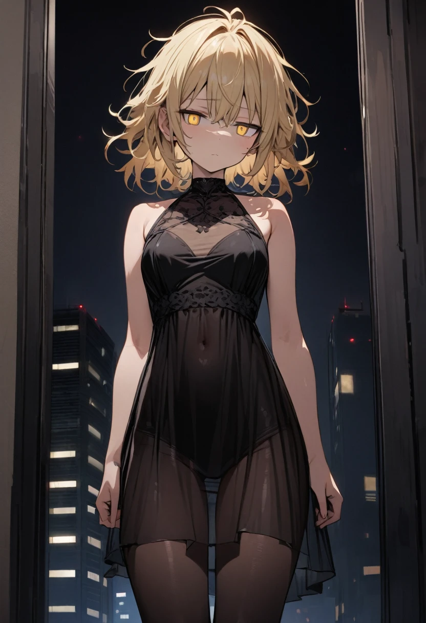 masterpiece, best quality, ultra detailed, detailed eyes,
a girl, solo, blond hair, messy hair, yellow eyes, jitome,
standing, emotionless,
see-through party dress, black tights,
night view