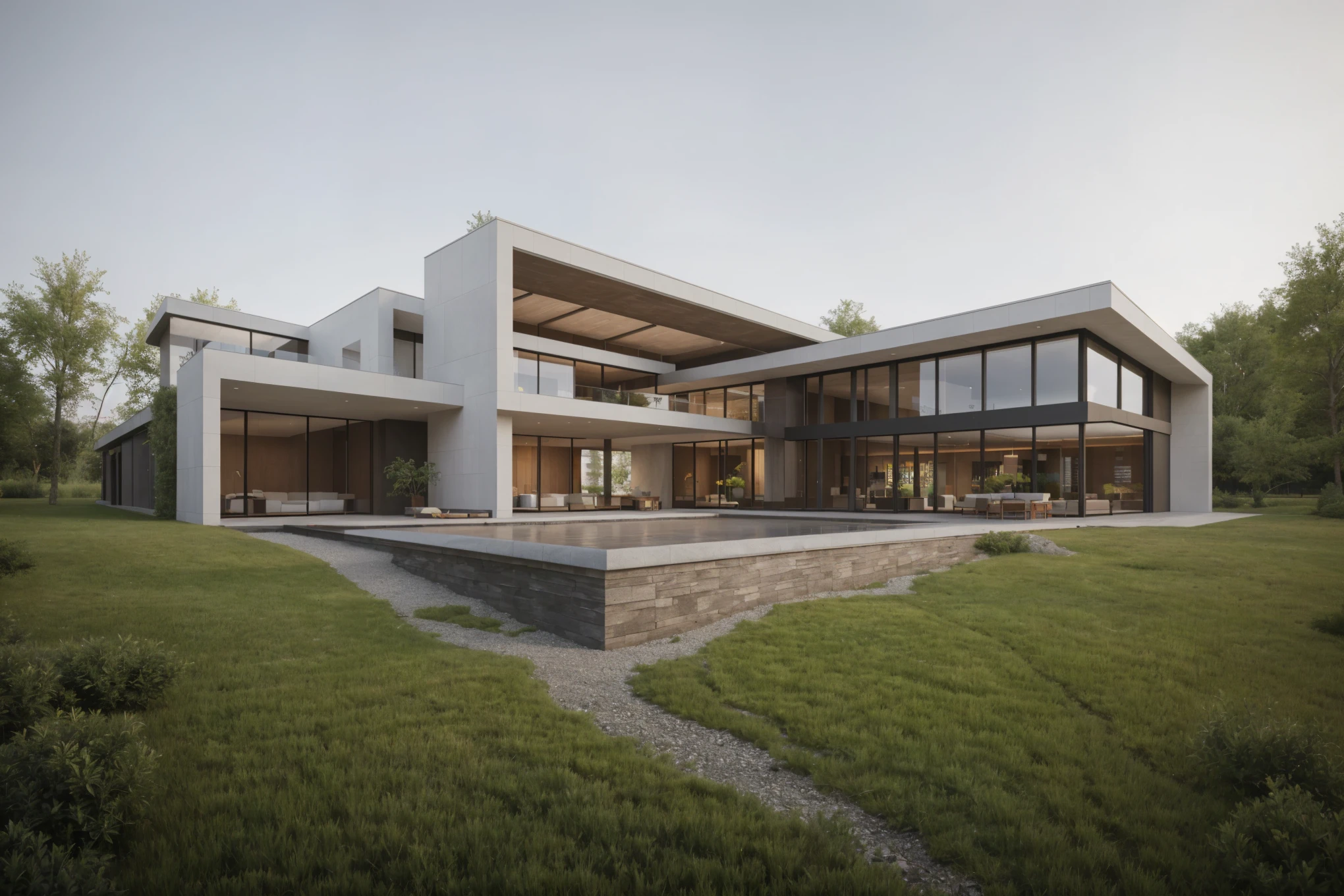 MODERN HOUSE, 3DMAX CORONA RENDER, VRAY, GREEN TREES AROUND, WARM COLORS, (sharpen:1.5)