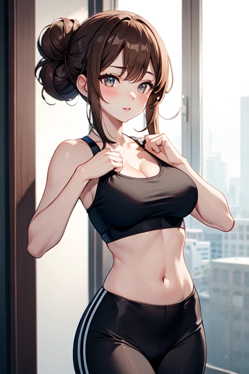 beautiful woman, messybun brown hair, wear a tight sport bra , tight pants , nice body , blushing, embarrassing,high quality, detailed hands