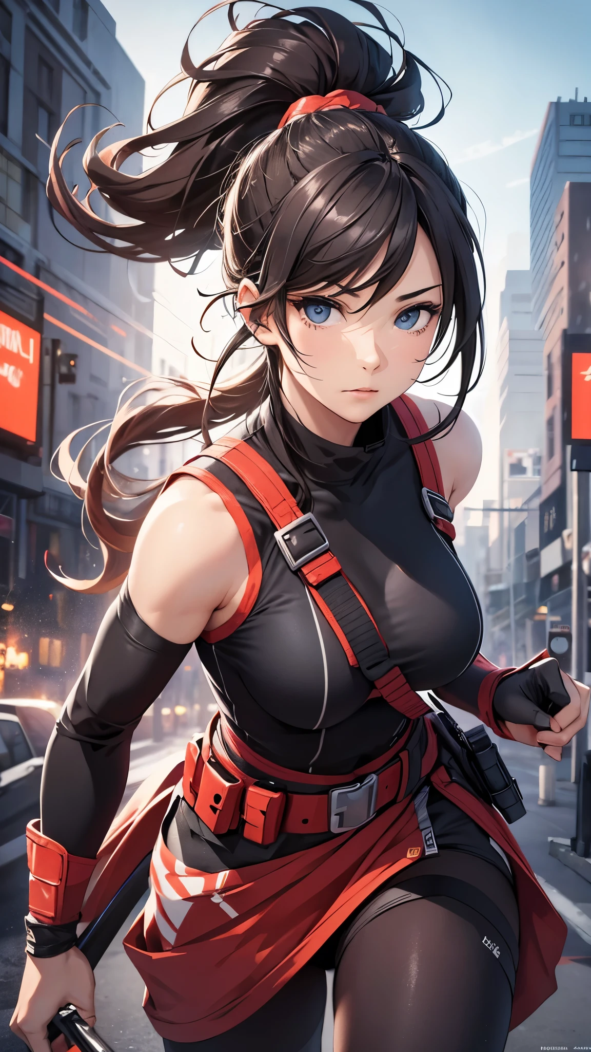 a woman with a brown ponytail hair,ninja,wearing a maxi length jersey,sneaker,holding a katana and a long sword, running outside the buildings, (best quality,4k,8k,highres,masterpiece:1.2),ultra-detailed,(realistic,photorealistic,photo-realistic:1.37),cinematic lighting,dramatic composition,highly detailed facial features,cinematic pose,dynamic action scene,vibrant colors,intricate details