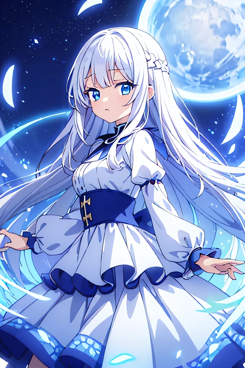 white hair, long hair, blue eyes, anime, cute anime girl, adult, 8k wallpapper, high quality, wearing white dress, long sleeve dress, long skirt