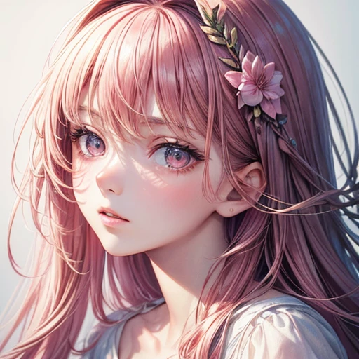 (masterpiece),(highest quality:1.1),(Super detailed),Best illustrations,In detail,(Portraiture:1.1),(Intense close-up),Watercolor)floating,One girl,alone,13 years old,slim,(Very delicate and beautiful face),(Beautiful eyes in every detail),Pink thick lips,(Disheveled Hair),(Wearing a loose pink T-shirt),Soft and lazy,(Simple Background:1.2)Overall colored background,clear,4K