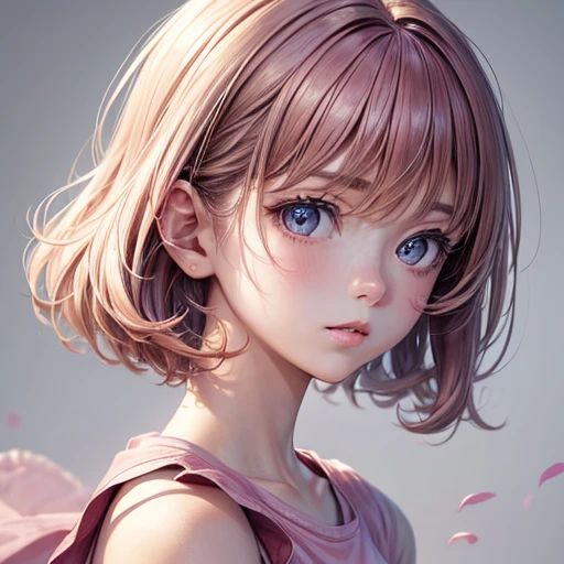 (masterpiece),(highest quality:1.1),(Super detailed),Best illustrations,In detail,(Portraiture:1.1),(Intense close-up),Watercolor)floating,One girl,alone,13 years old,slim,(Very delicate and beautiful face),(Beautiful eyes in every detail),Pink thick lips,(Disheveled Hair),(Wearing a loose pink T-shirt),Soft and lazy,(Simple Background:1.2)Overall colored background,clear,4K