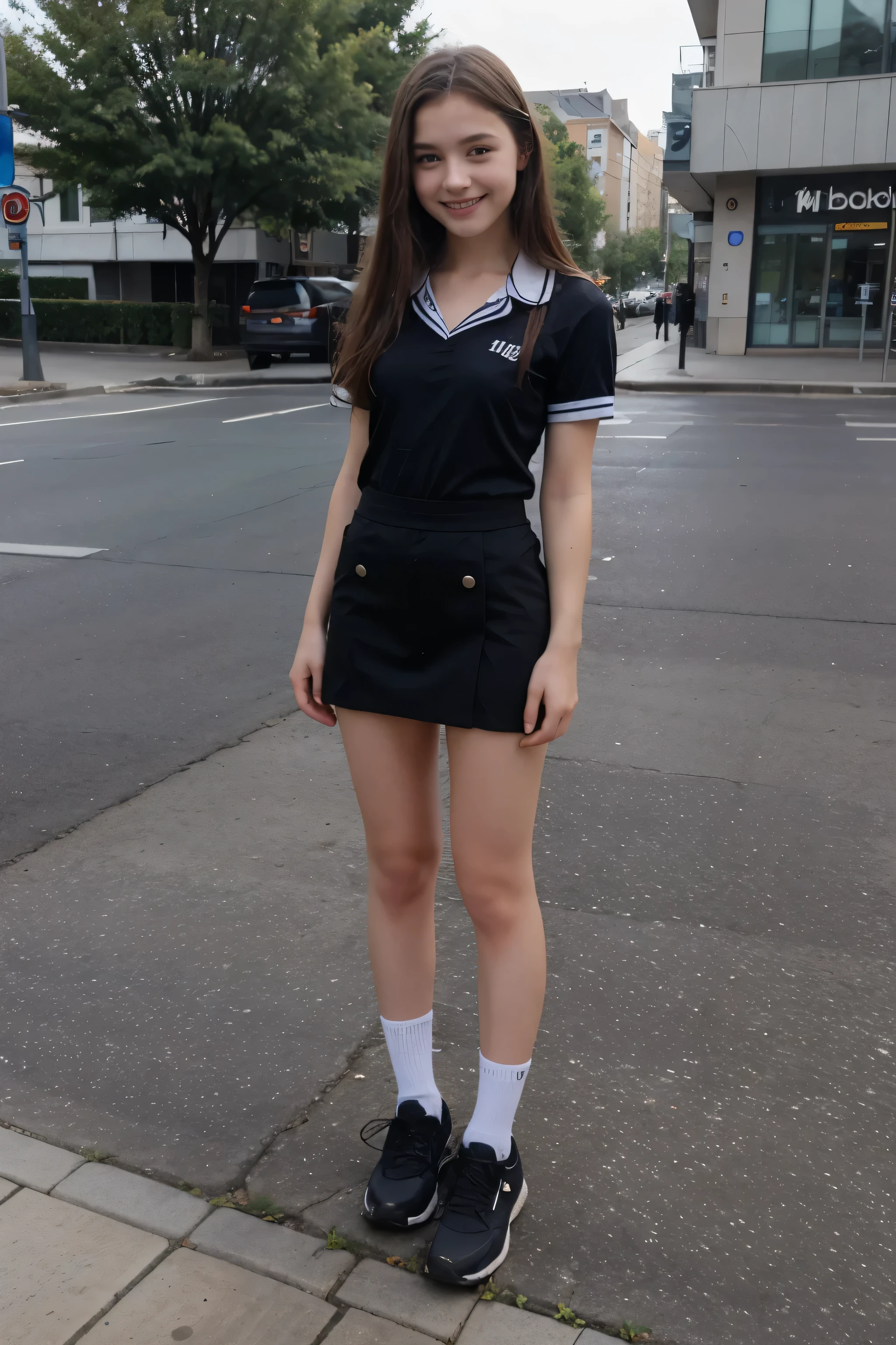 beautiful 14 year old smiling girl,  Uniform, Blue eyes, 1m65, 45 kg, whole body