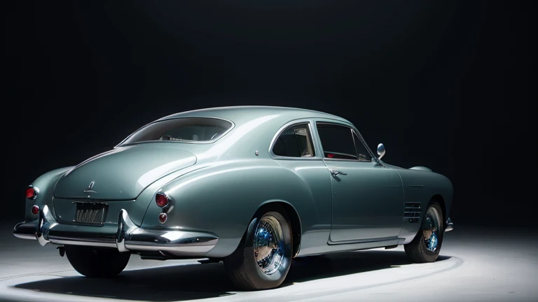1950s luxury sedan, retro futuristic car, rear view, highly detailed, photorealistic, 8k, hyperrealistic, exquisite details, stunning design, chrome accents, sleek body, dynamic pose, cinematic lighting, dramatic shadows, vibrant colors, retrofuturistic, sci-fi, masterpiece