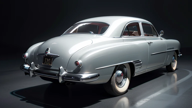 1950s luxury sedan, retro futuristic car, rear view, highly detailed, photorealistic, 8k, hyperrealistic, exquisite details, stunning design, chrome accents, sleek body, dynamic pose, cinematic lighting, dramatic shadows, vibrant colors, retrofuturistic, sci-fi, masterpiece